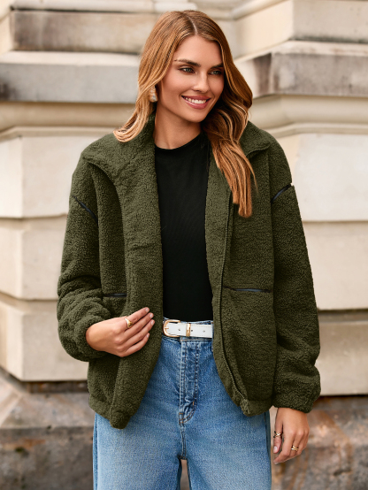 Sherpa Fuzzy Fleece Zip Up Jacket with Pockets - Army Green