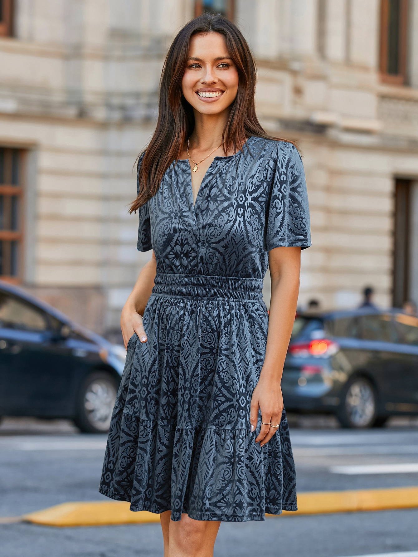 Glossy Velvet Cocktail Mini Dresses with Pockets - Burnout Grey Blue