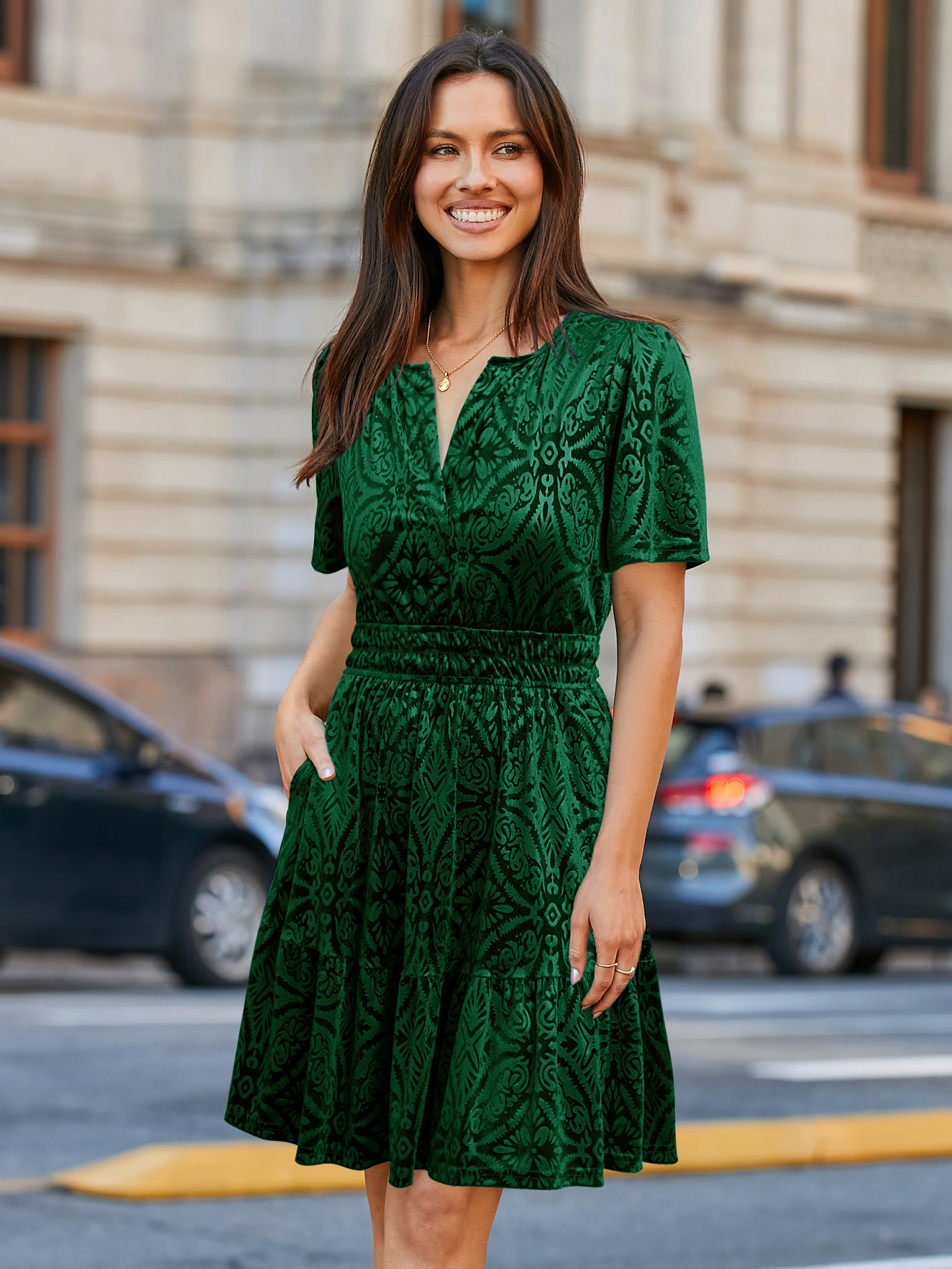 Glossy Velvet Cocktail Mini Dresses with Pockets - Burnout Dark Green