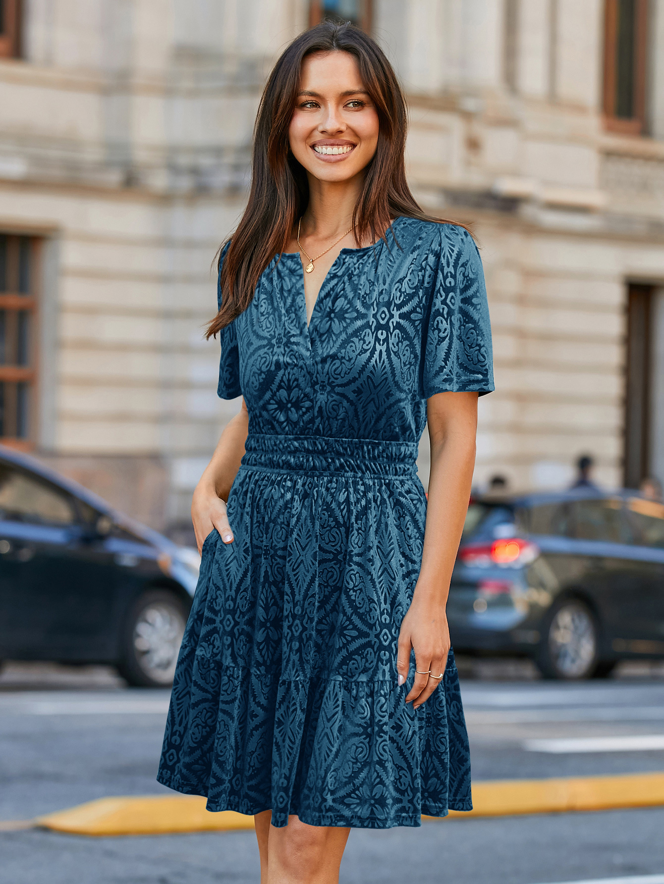 Glossy Velvet Cocktail Mini Dresses with Pockets - Burnout Dark Blue