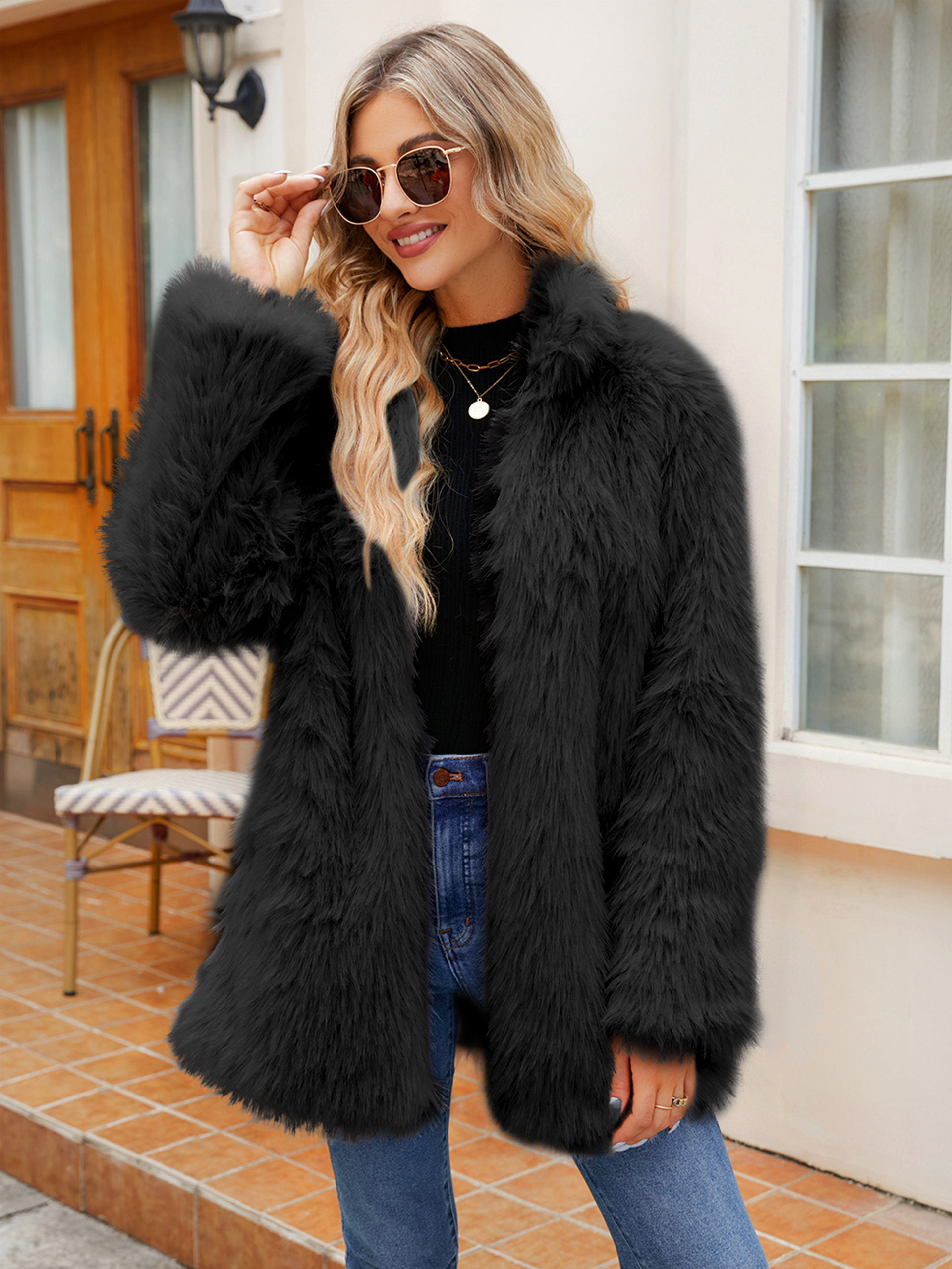 Shaggy Faux Fur Jacket with Hidden Closure - Black