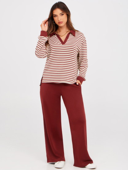 V-Neck Polo Striped Top Wide Leg Lounge Set - Striped Burgundy
