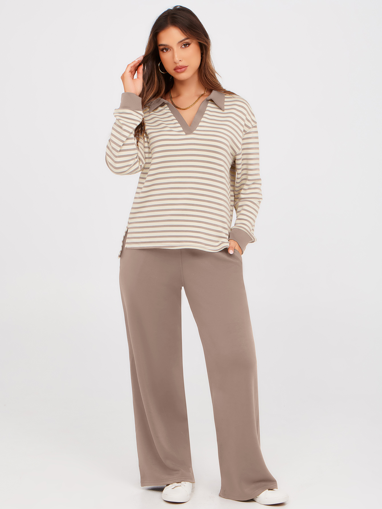 V-Neck Polo Striped Top Wide Leg Lounge Set - Striped Taupe