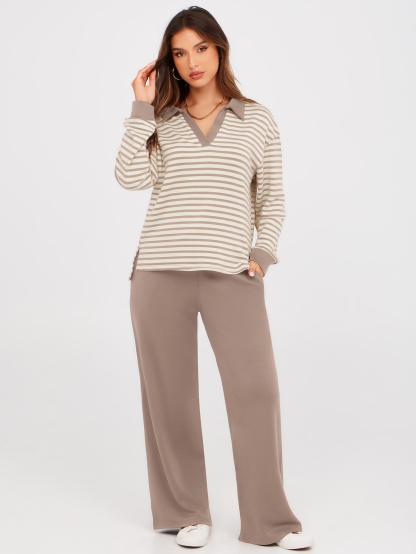 V-Neck Polo Striped Top Wide Leg Lounge Set - Striped Taupe