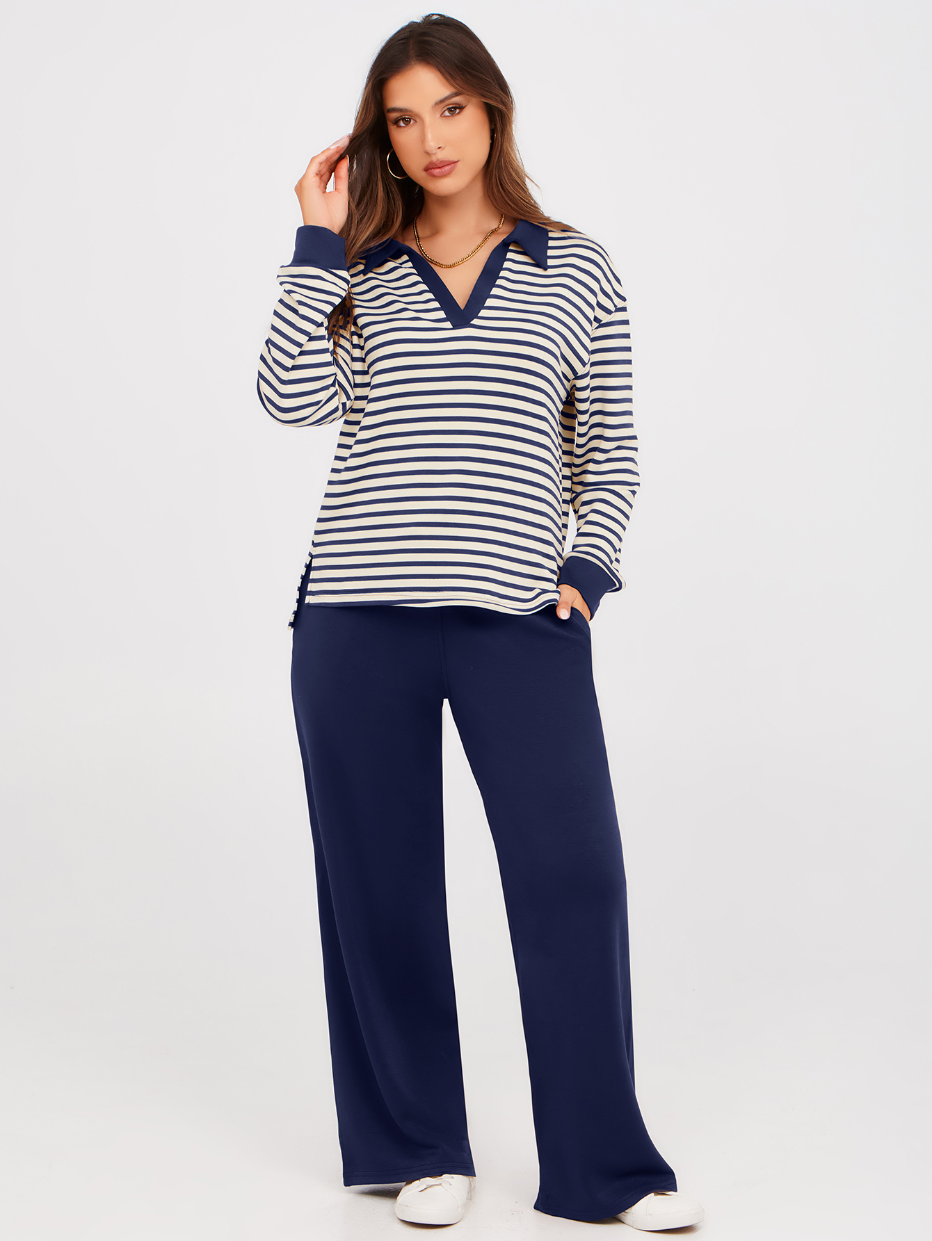 V-Neck Polo Striped Top Wide Leg Lounge Set - Striped Navy Blue