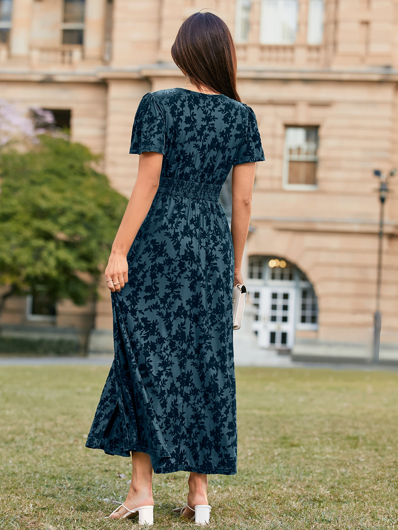 Velvet Floral Slit V-Neck Flutter Sleeve Maxi Dress - Dark Blue