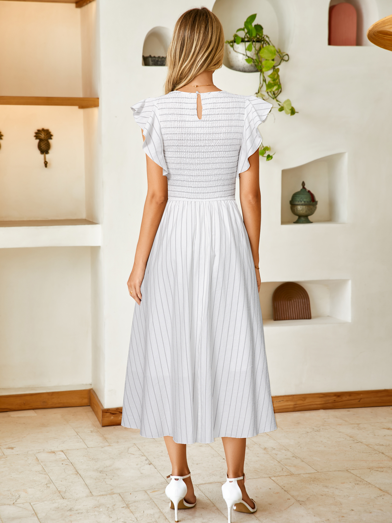 Striped Smocked Midi Dress with Flutter Sleeves - White