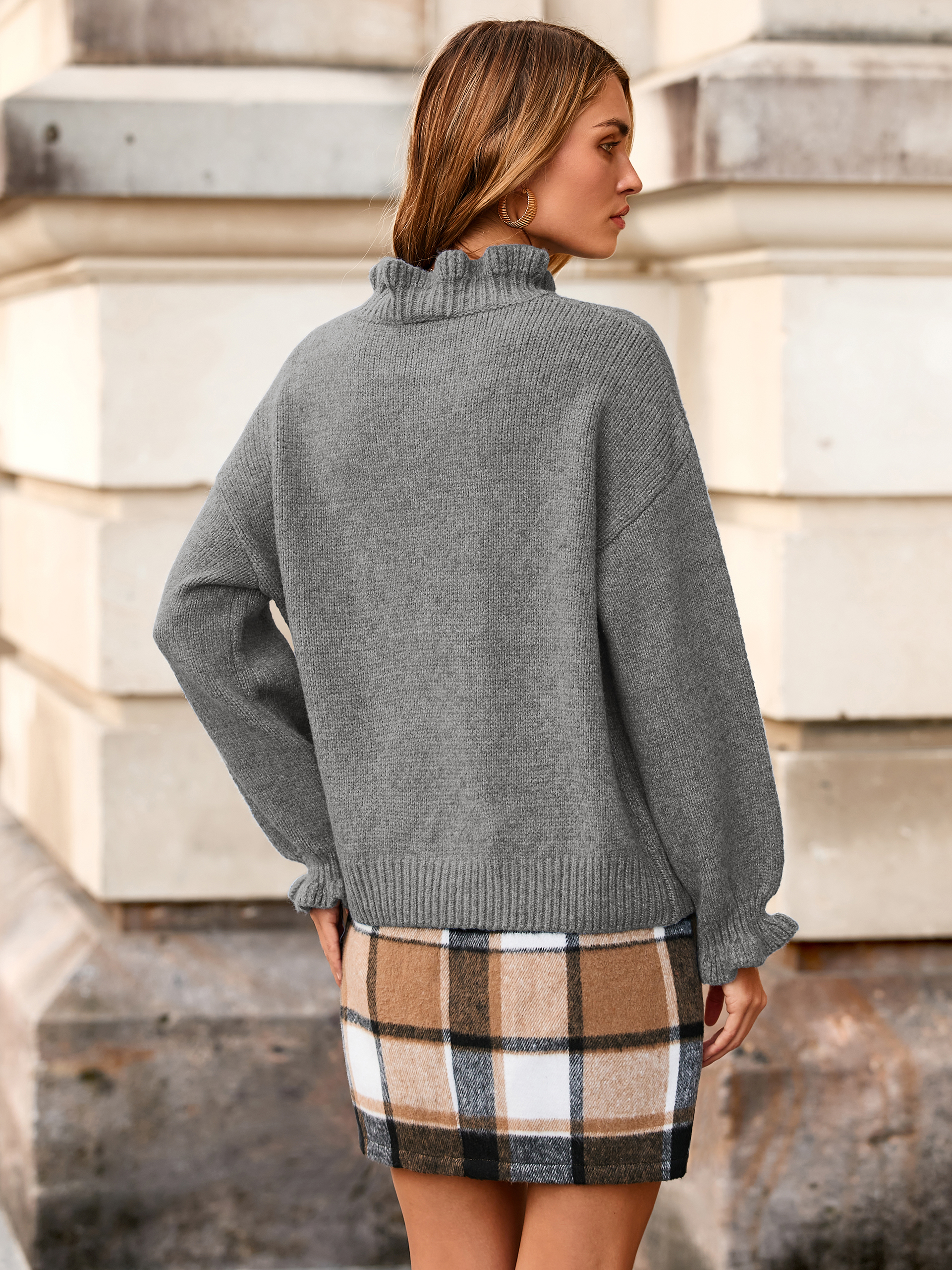 Ruffle Collar High Neck Oversized Knit Sweater