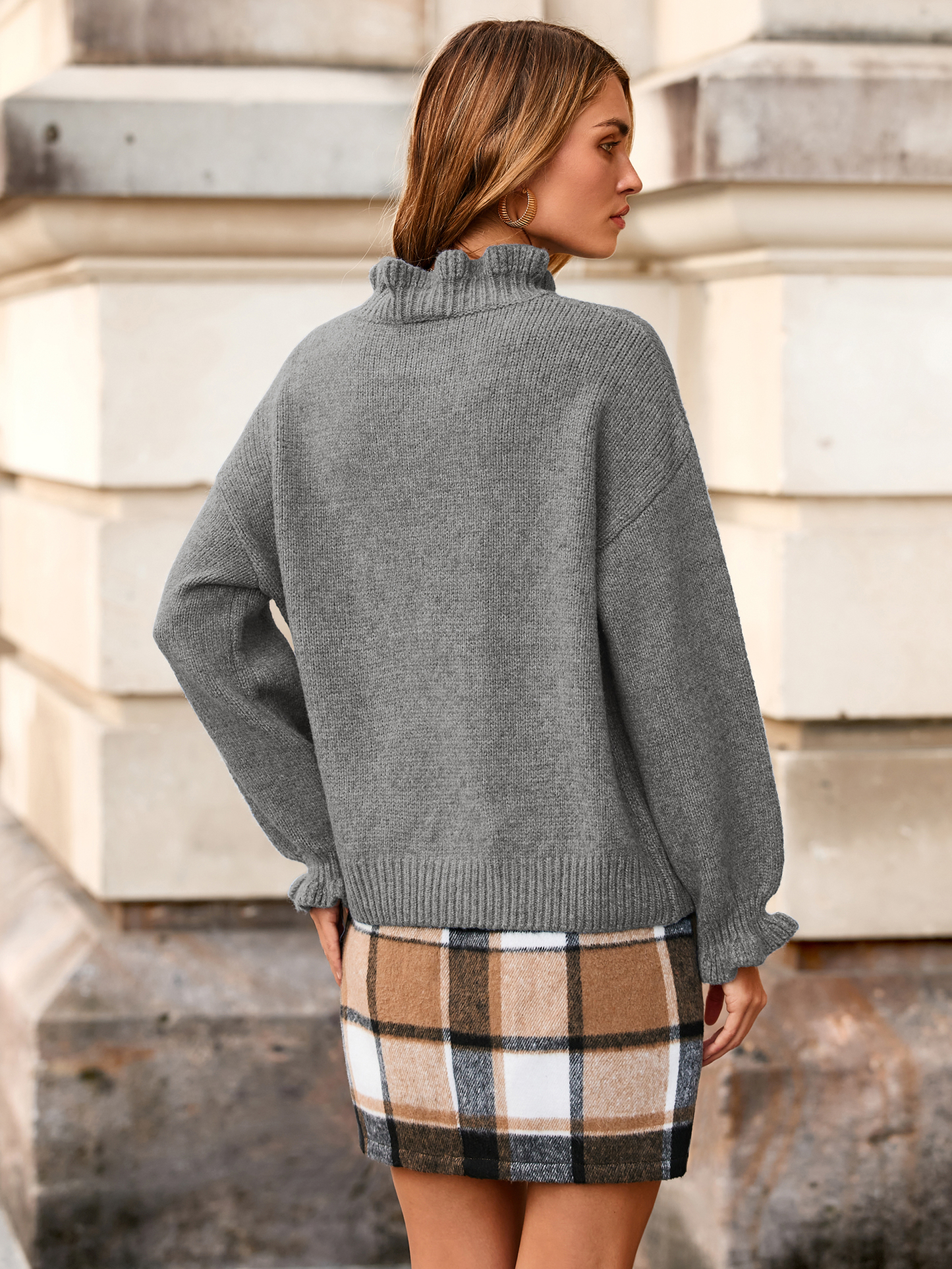 Ruffle Collar High Neck Oversized Knit Sweater