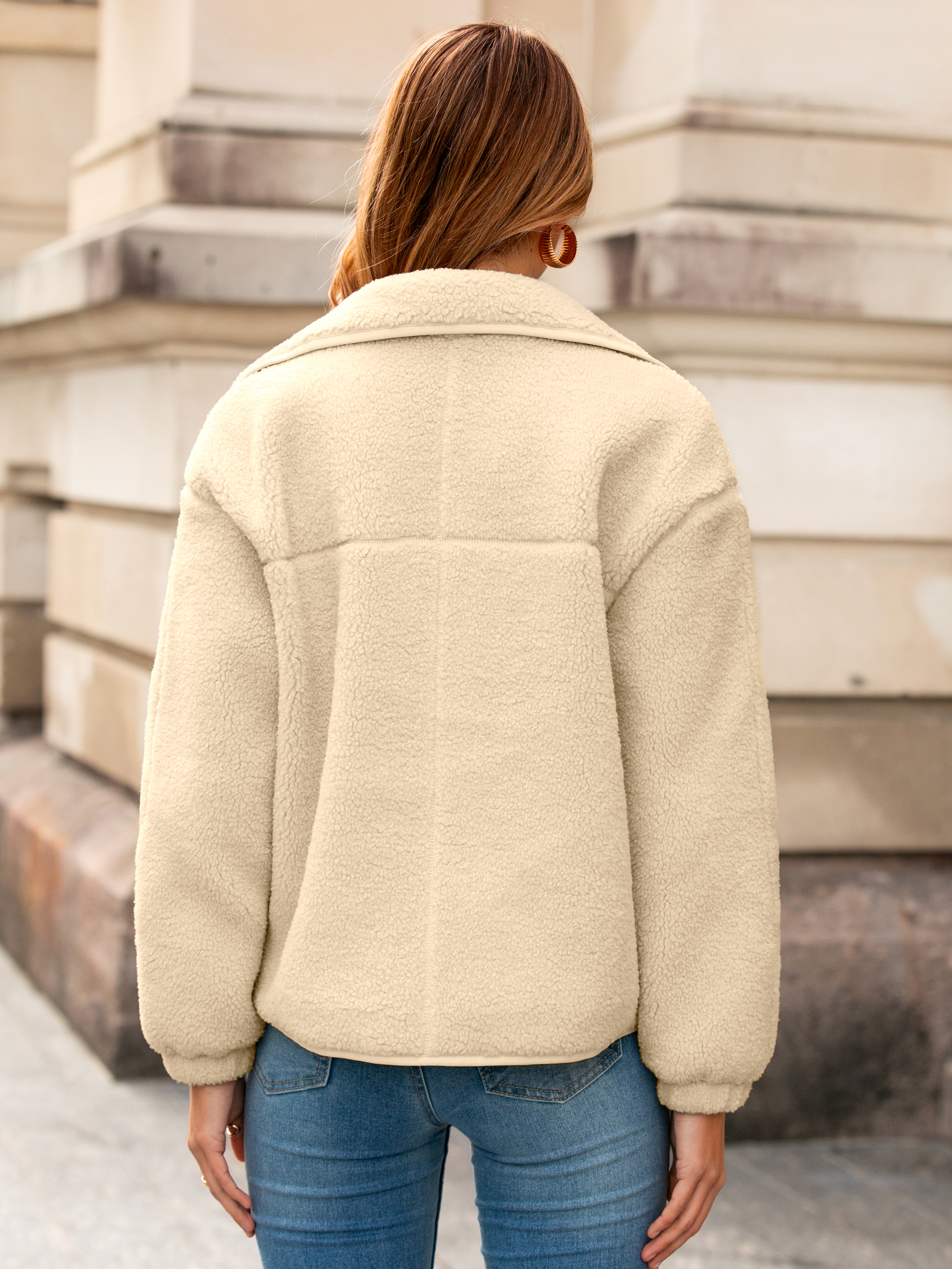 Sherpa Fleece Button Down Fuzzy Jacket with Pockets