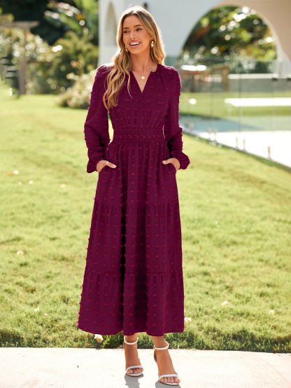 Boho V Neck Swiss Dot Long Sleeve Maxi Dress - Wine Red