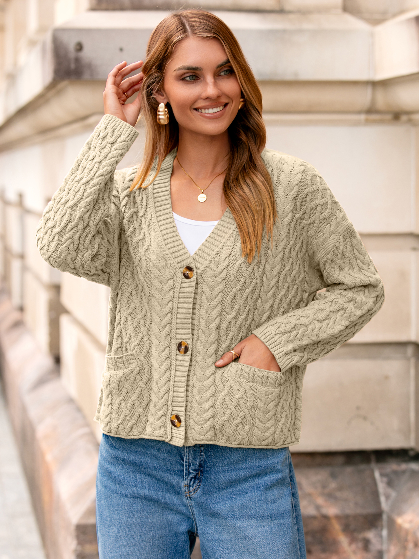 Cable Knit V Neck Buttoned Cardigan Sweater