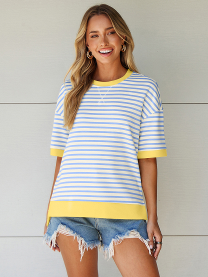 Striped Color Block Drop Shoulder Casual T-Shirt - Blue Yellow White