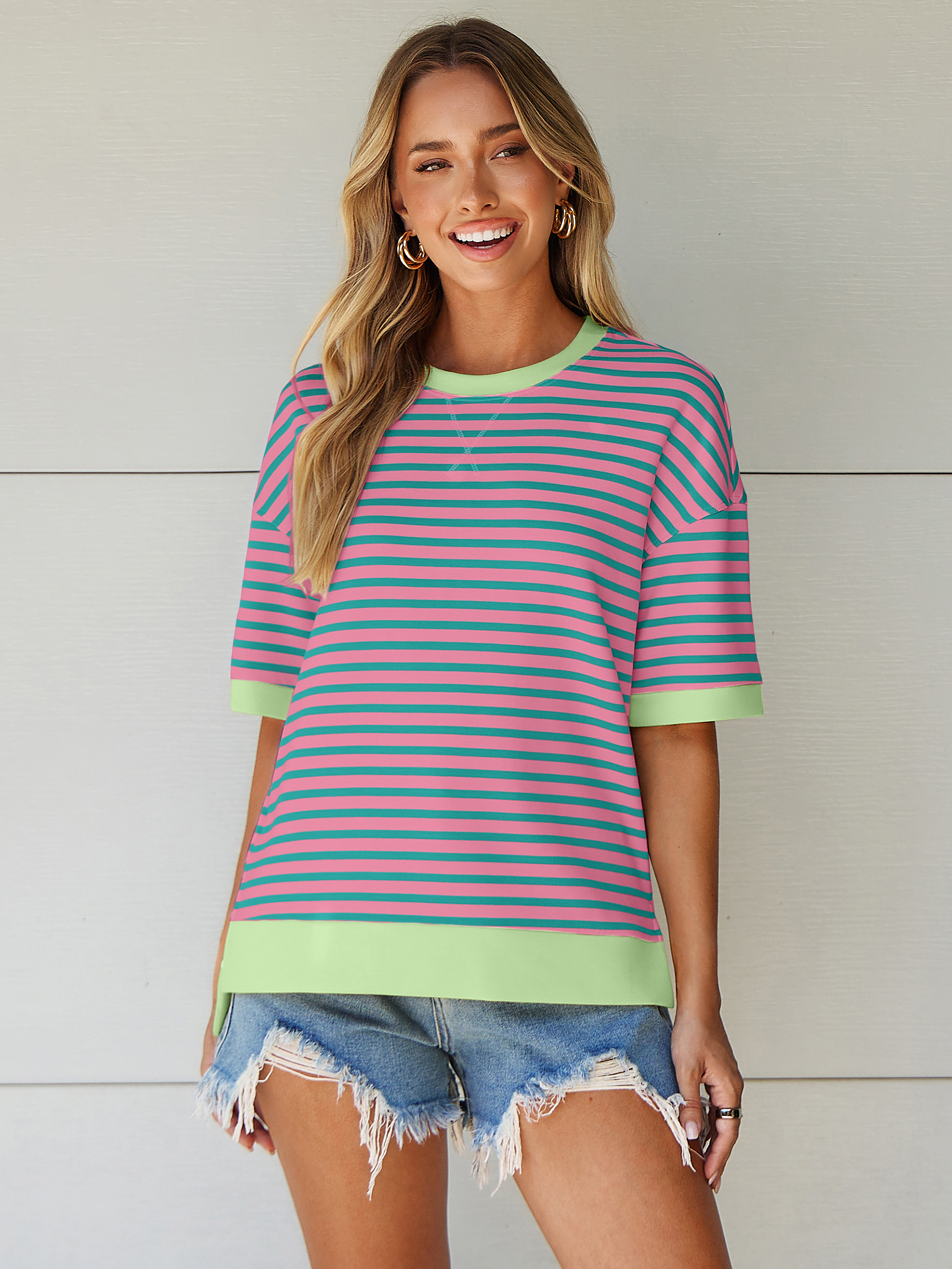 Striped Color Block Drop Shoulder Casual T-Shirt - Pink Green