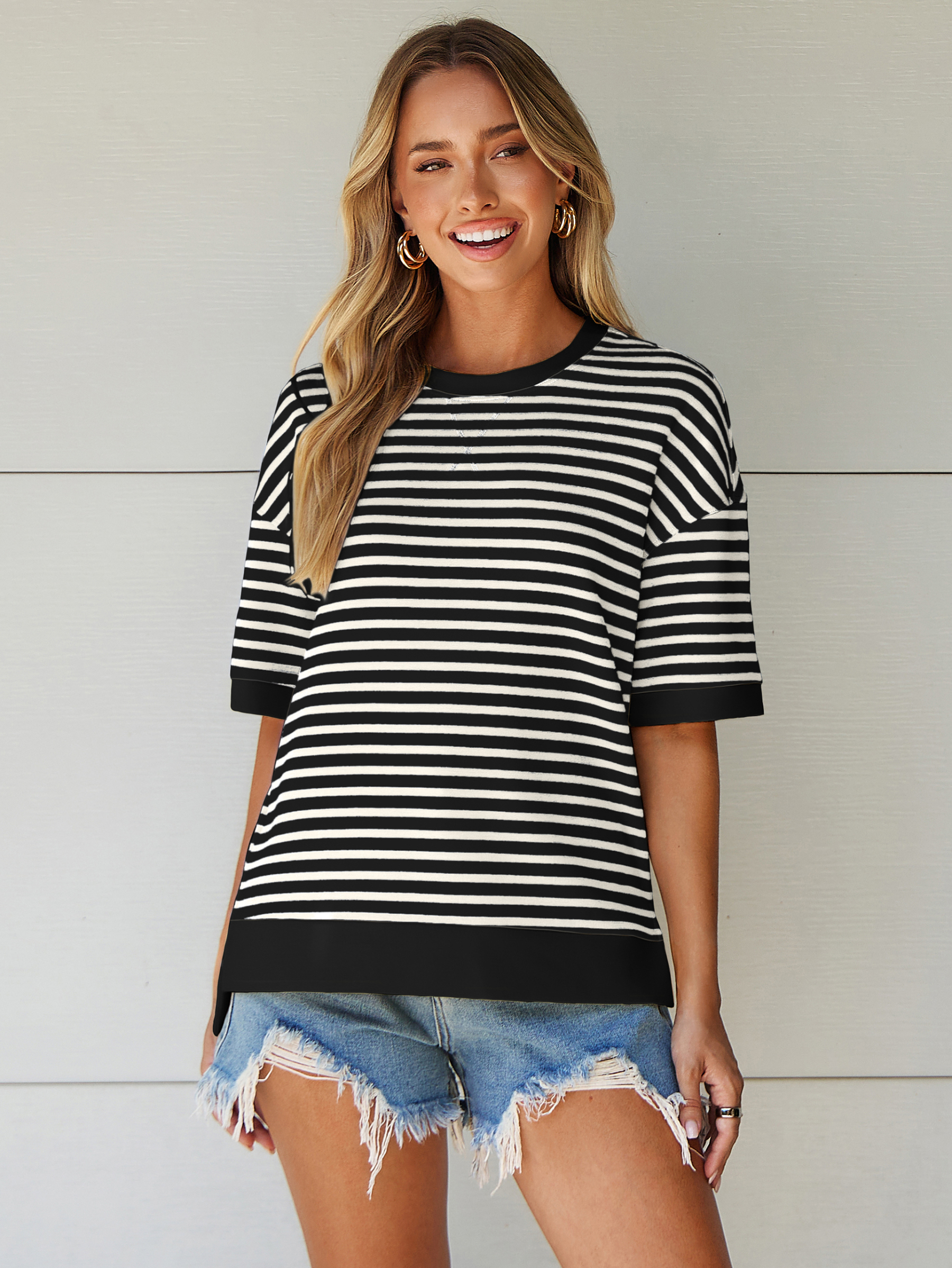 Striped Color Block Drop Shoulder Casual T-Shirt - White Black