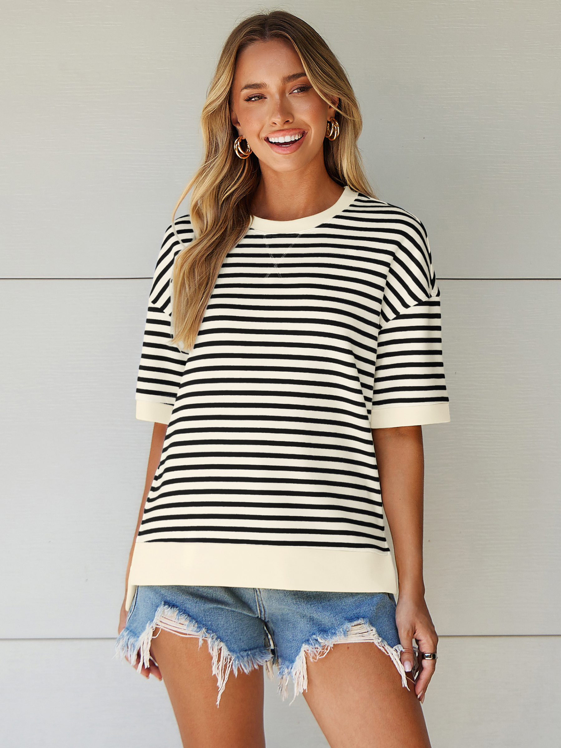 Striped Color Block Drop Shoulder Casual T-Shirt - Black White
