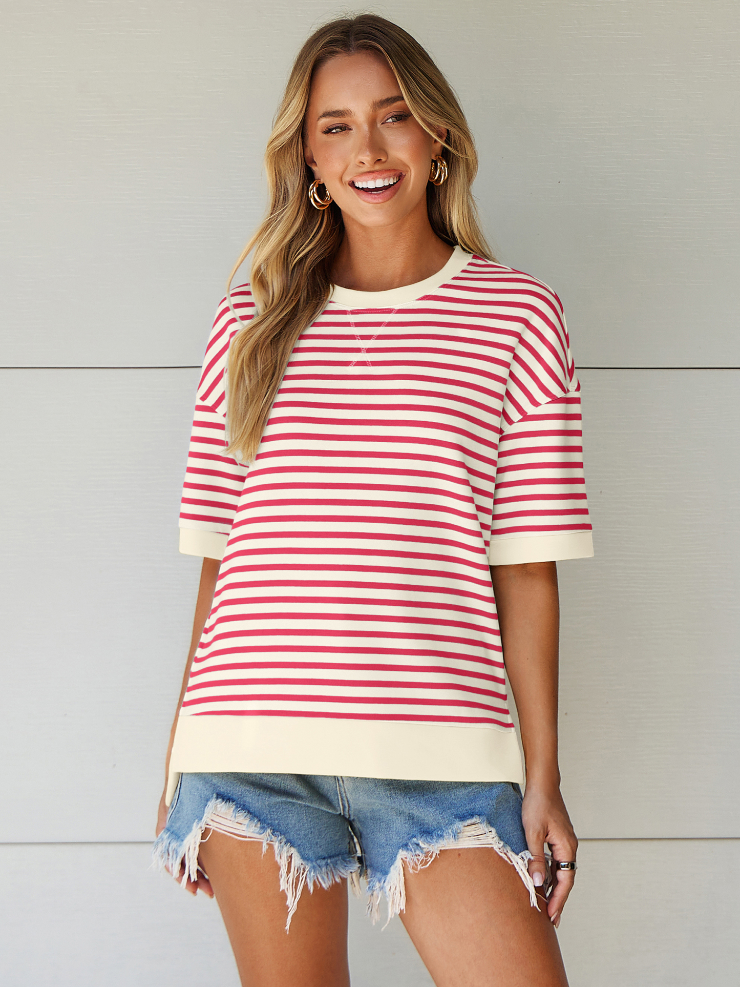 Striped Color Block Drop Shoulder Casual T-Shirt - Red White