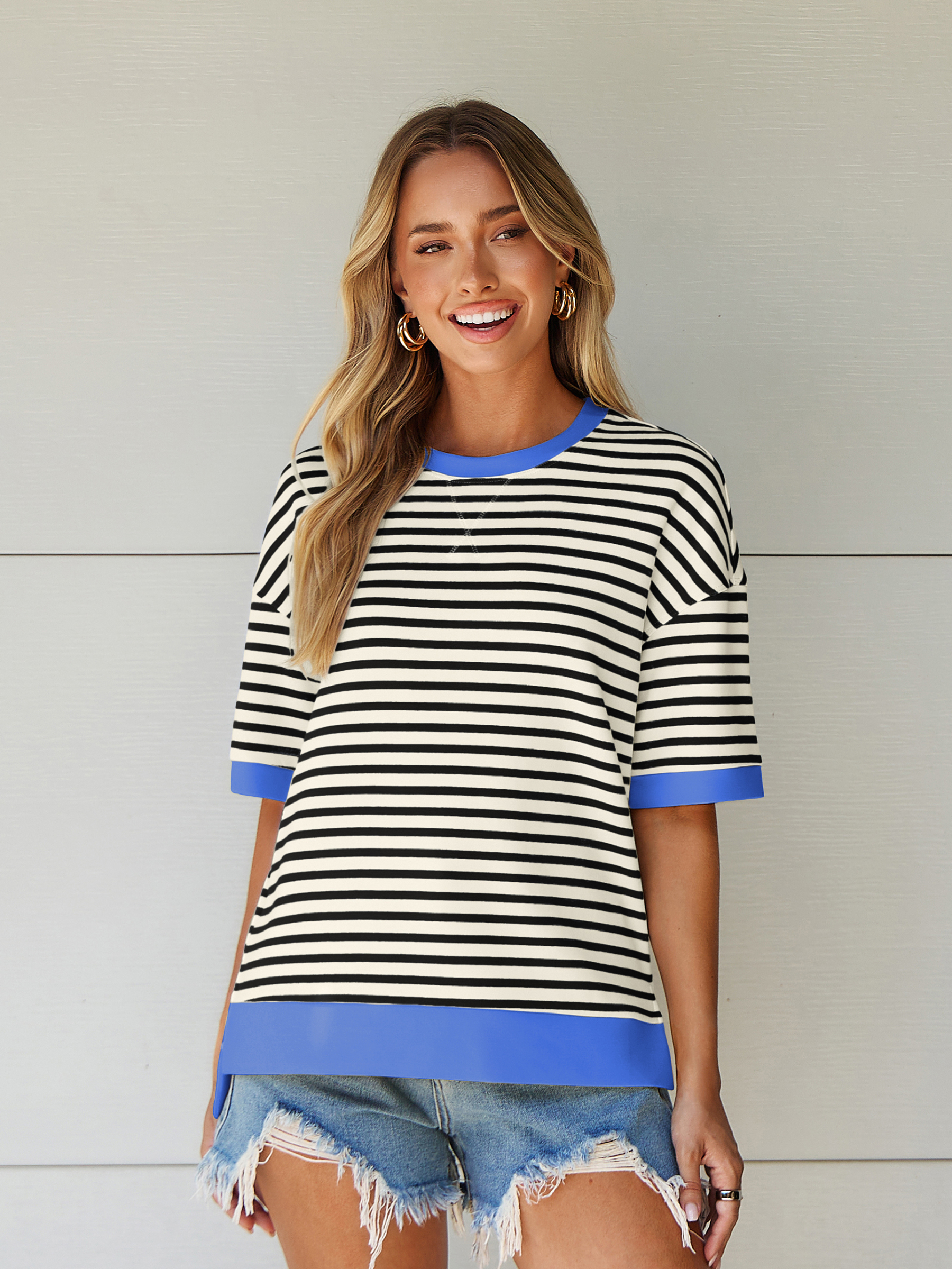 Striped Color Block Drop Shoulder Casual T-Shirt - Black Blue White