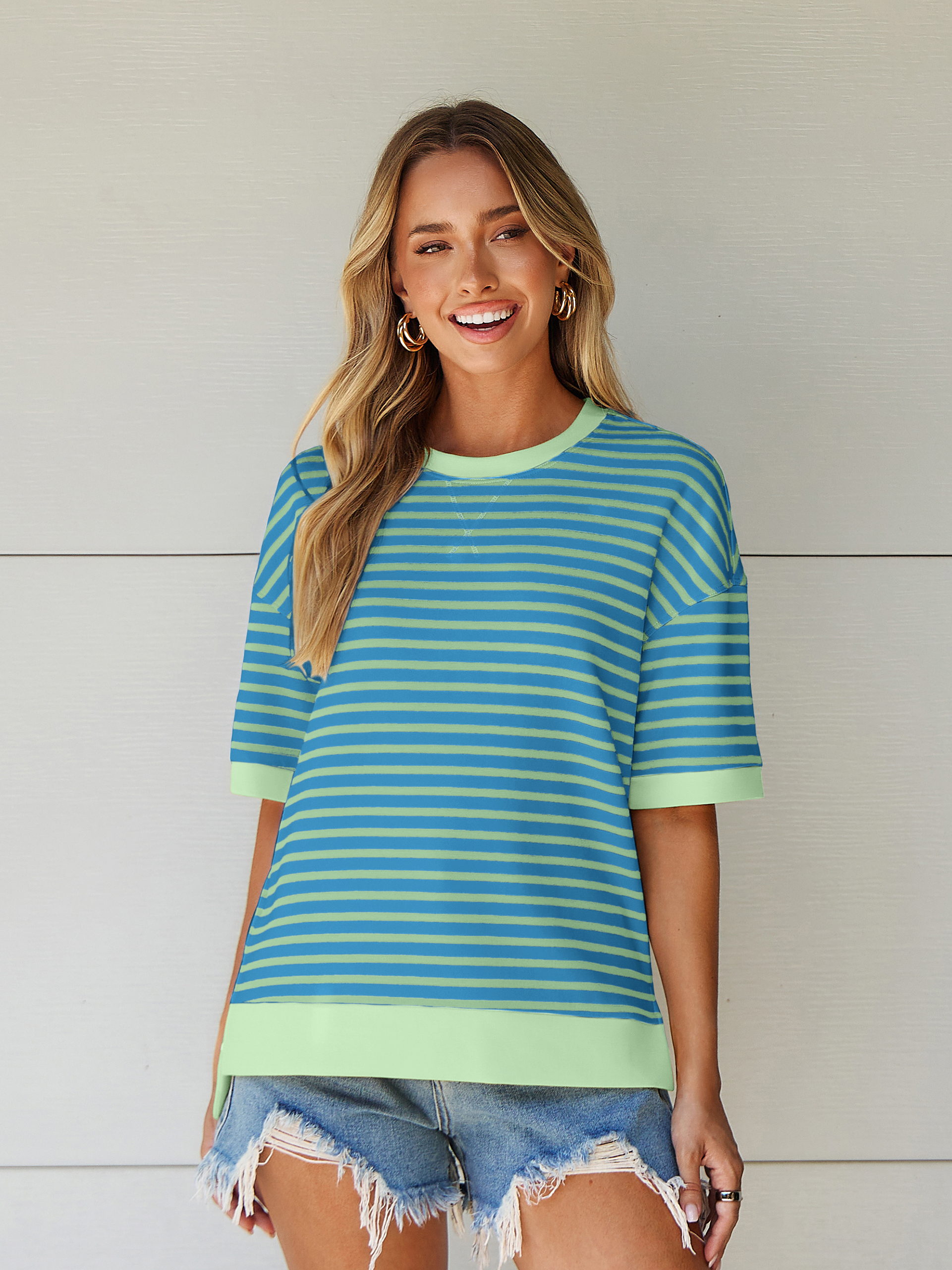 Striped Color Block Drop Shoulder Casual T-Shirt - Blue Green