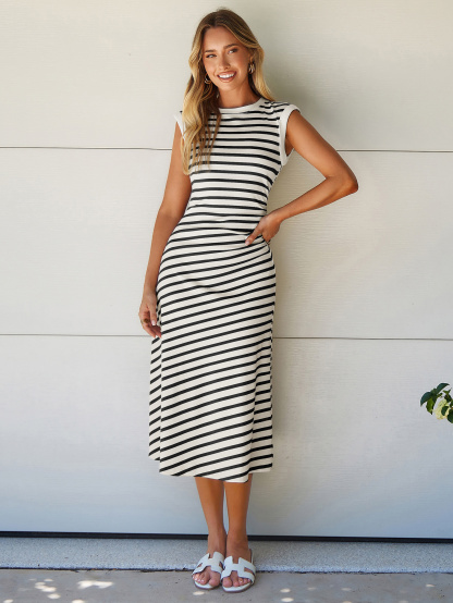 Striped Sleeveless Crew Neck A-Line Midi Dress - White