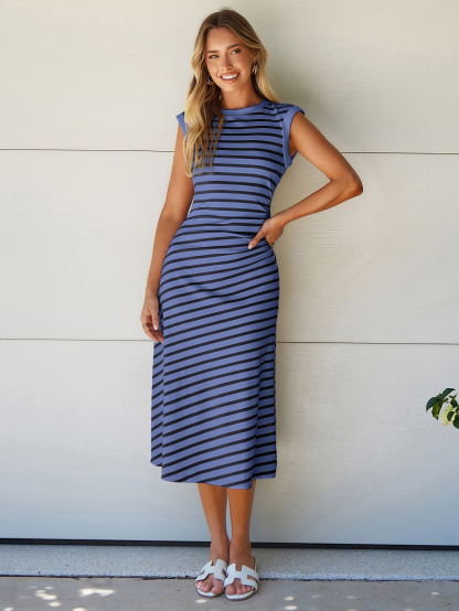 Striped Sleeveless Crew Neck A-Line Midi Dress - Dusty Blue