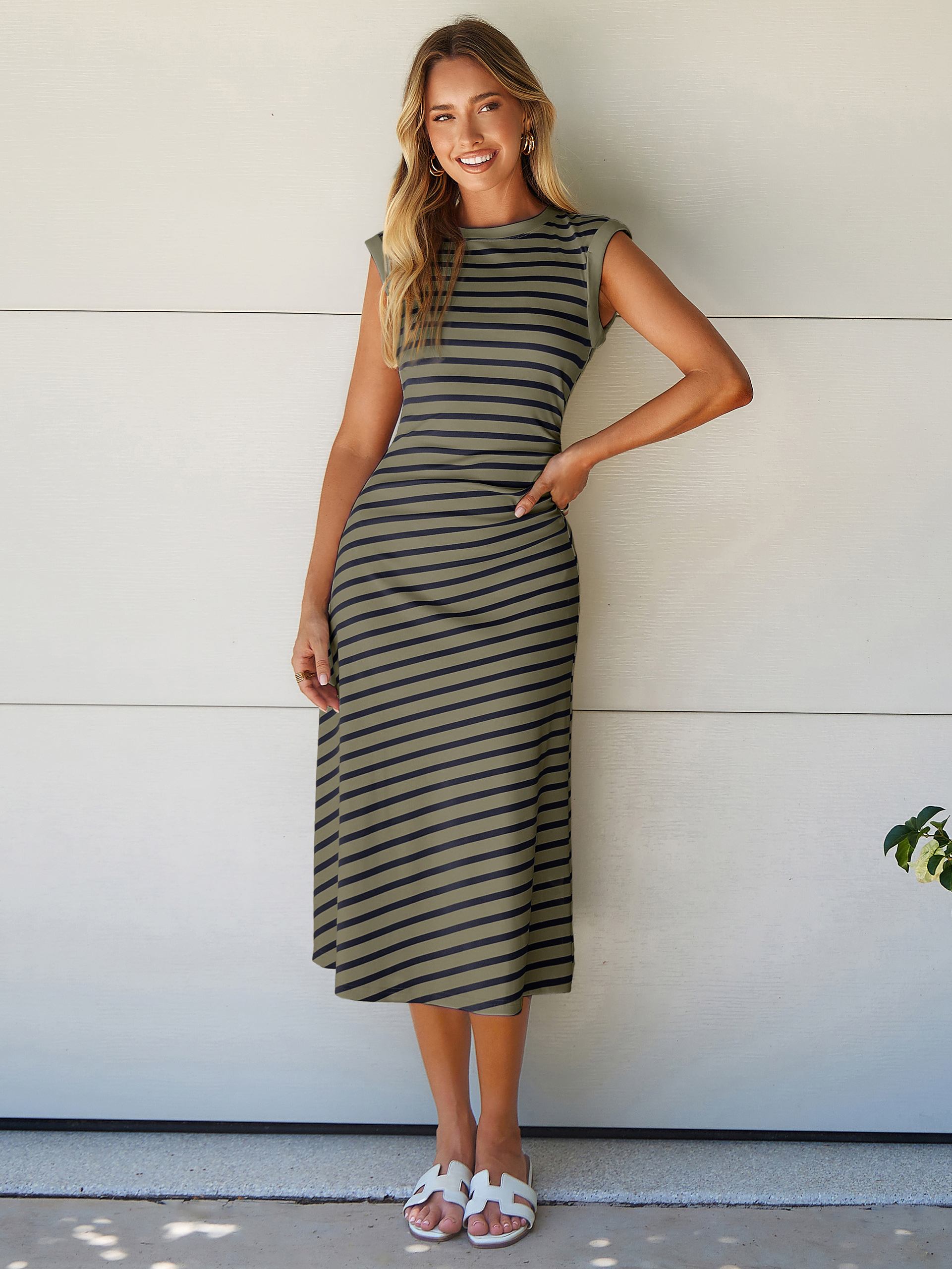 Striped Sleeveless Crew Neck A-Line Midi Dress - Army Green