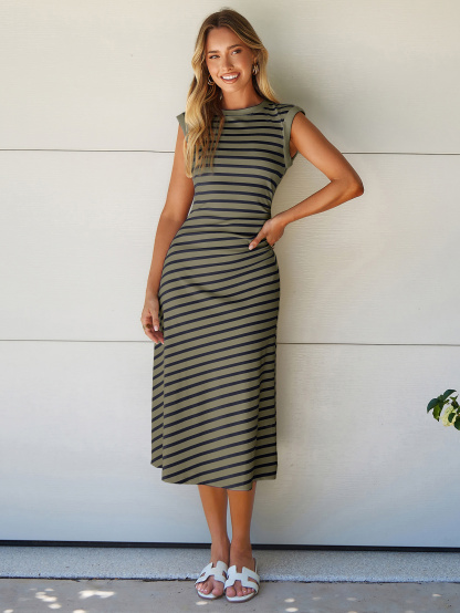 Striped Sleeveless Crew Neck A-Line Midi Dress - Army Green