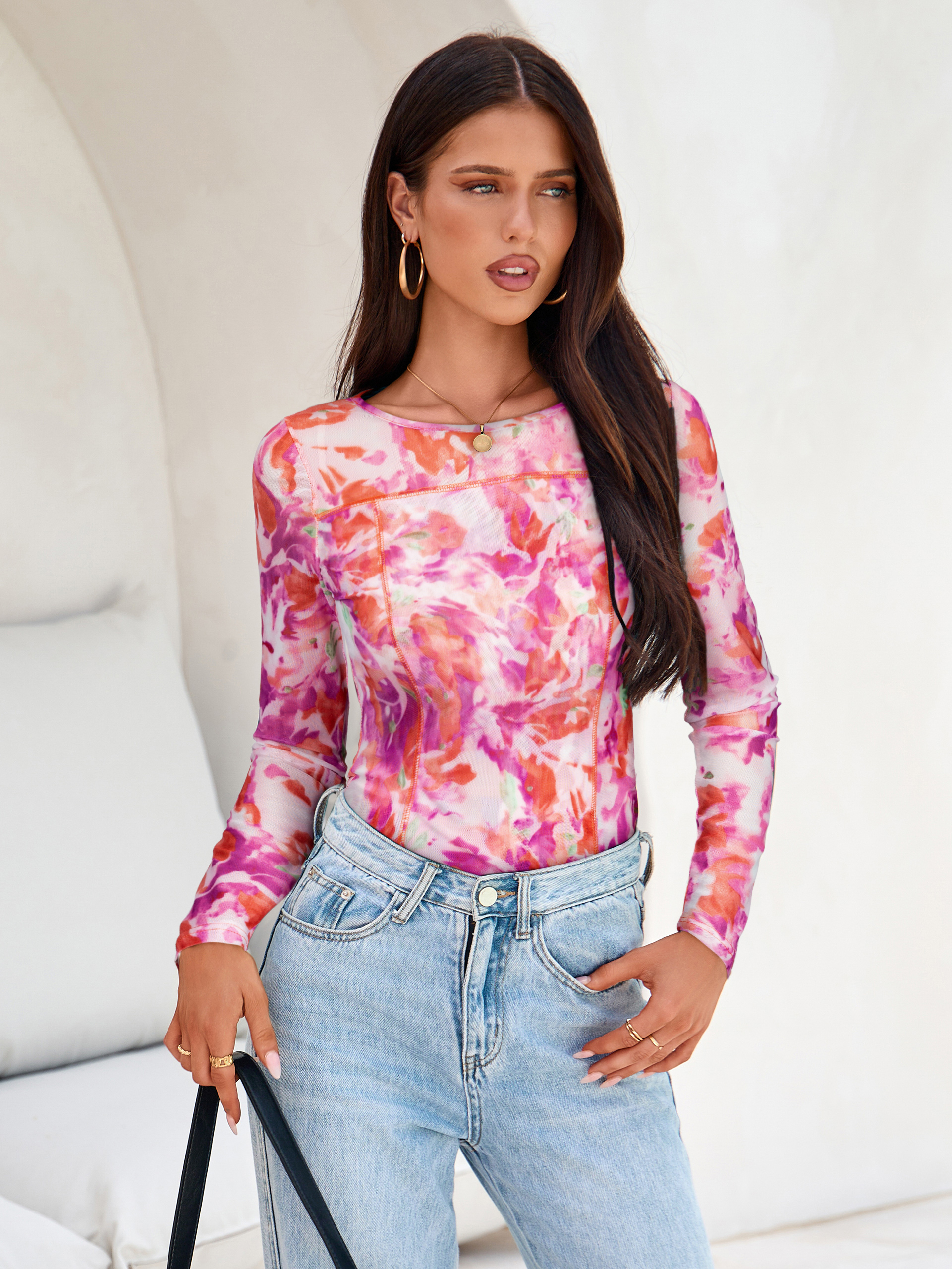 Floral Print Crewneck Sheer Mesh Long Sleeve Top - Floral Pink
