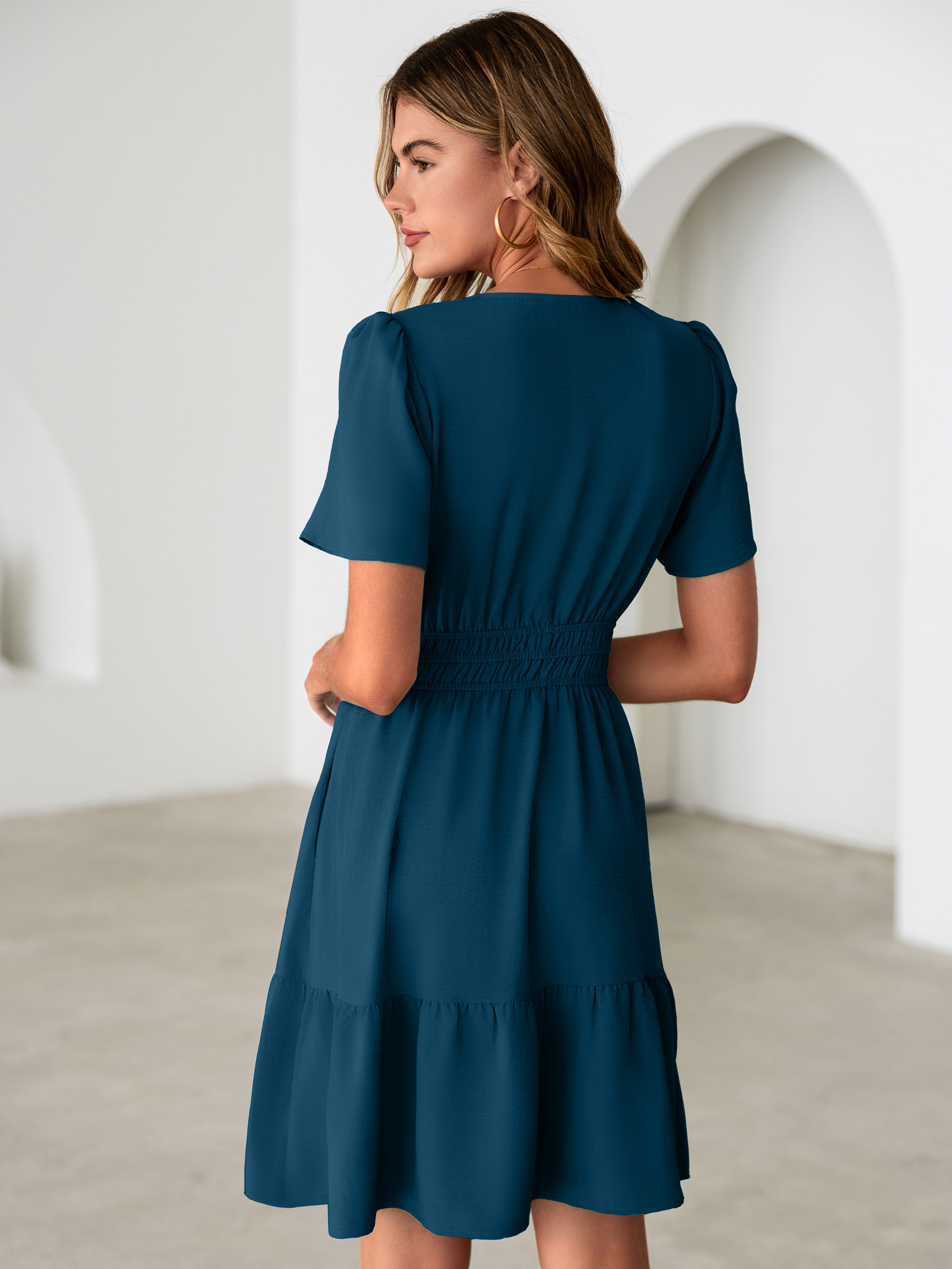 V Neck Smocked Waist Ruffle Hem Mini Dress