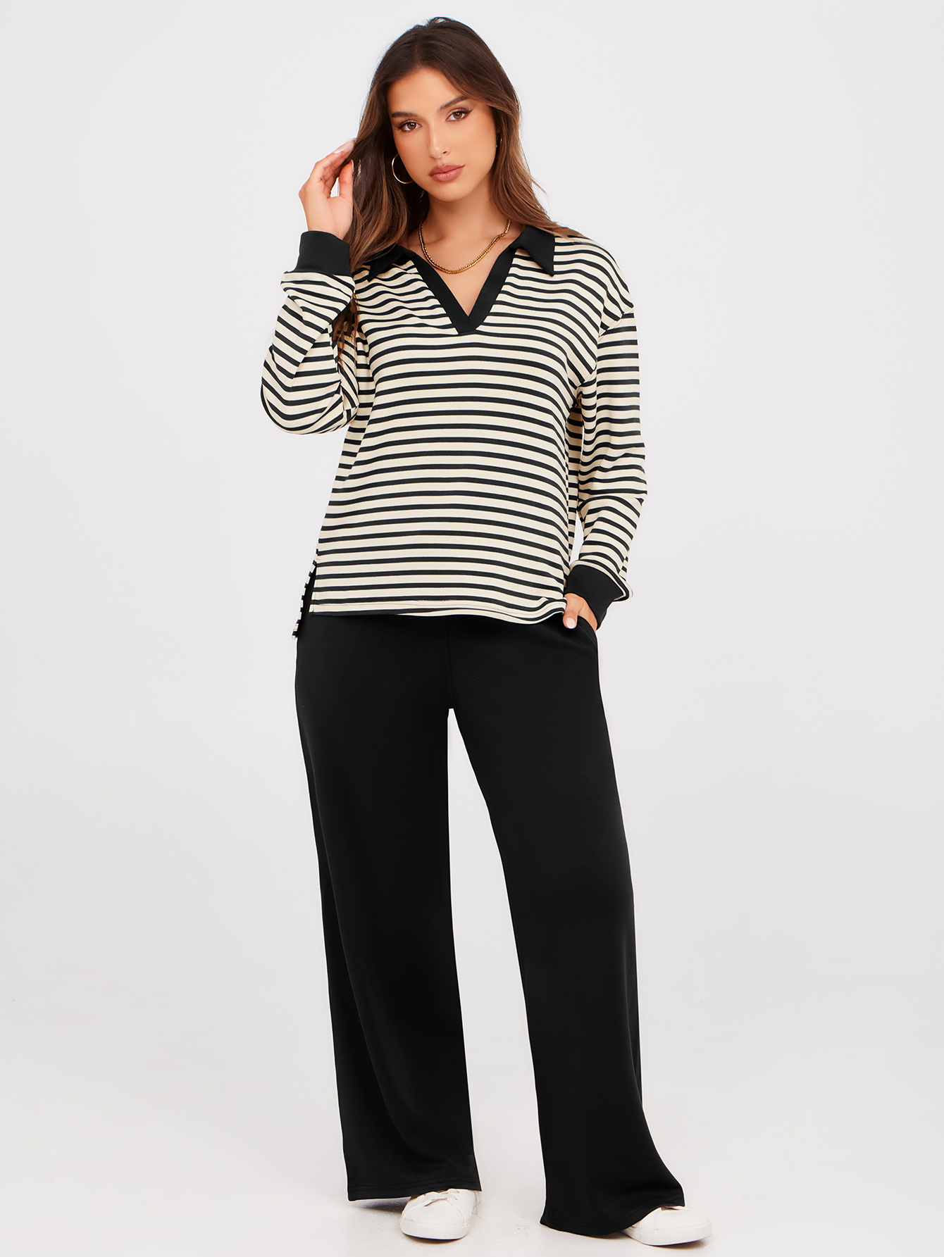 V-Neck Polo Striped Top Wide Leg Lounge Set - Striped White