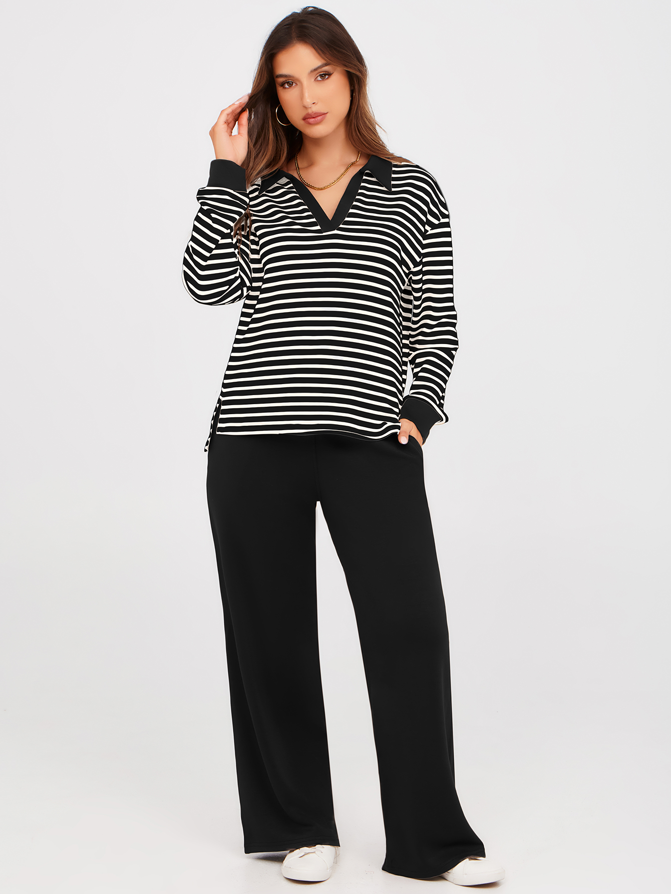 V-Neck Polo Striped Top Wide Leg Lounge Set - Striped Black