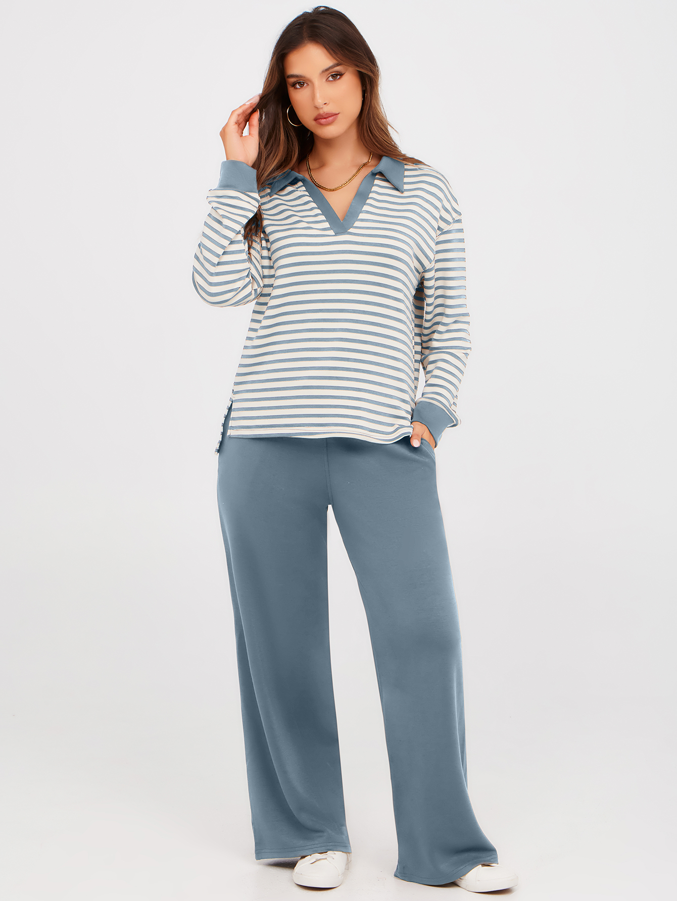 V-Neck Polo Striped Top Wide Leg Lounge Set - Striped Dusty Blue