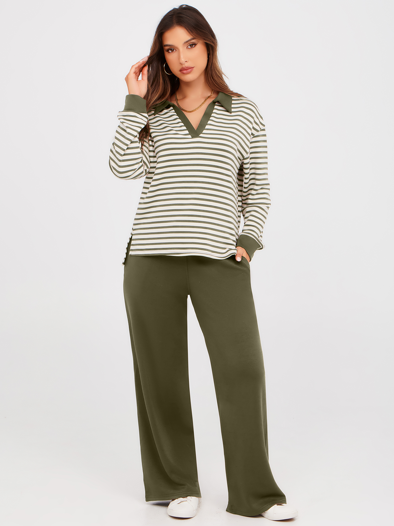V-Neck Polo Striped Top Wide Leg Lounge Set - Striped Army Green