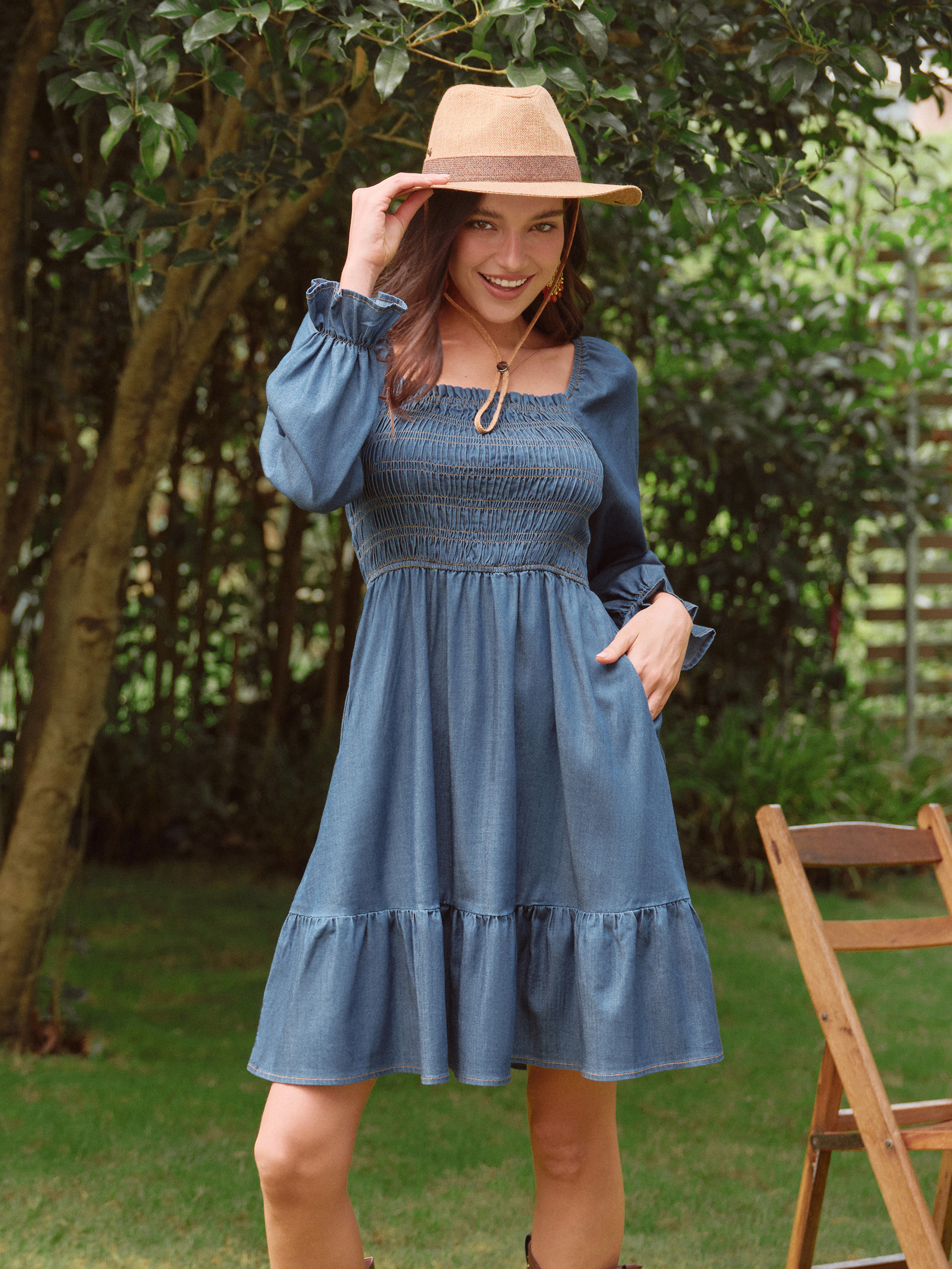 Long Sleeve Smocked Lyocell A-Line Denim Mini Dress