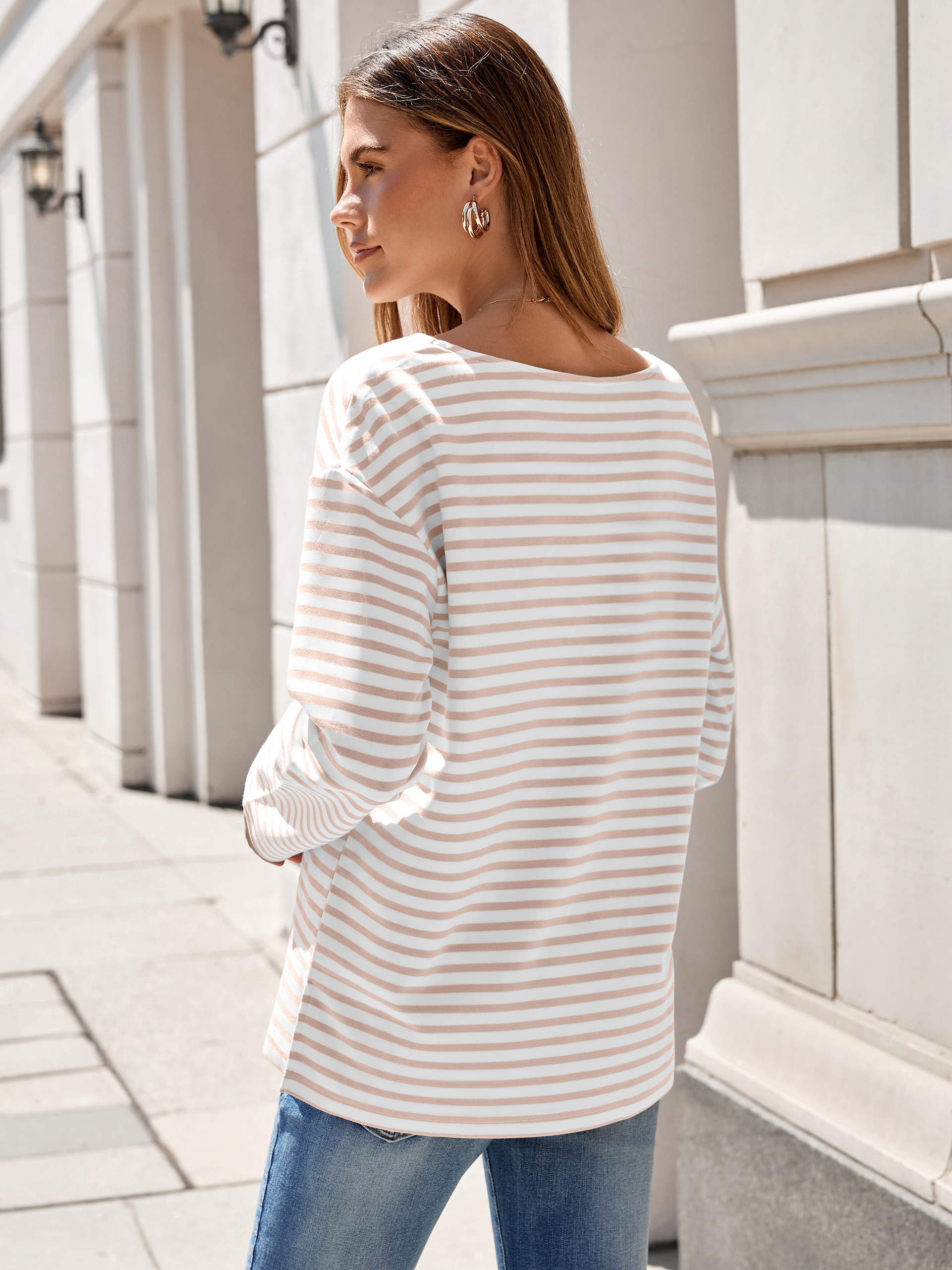 Boat Neck Striped Long Sleeve Tops