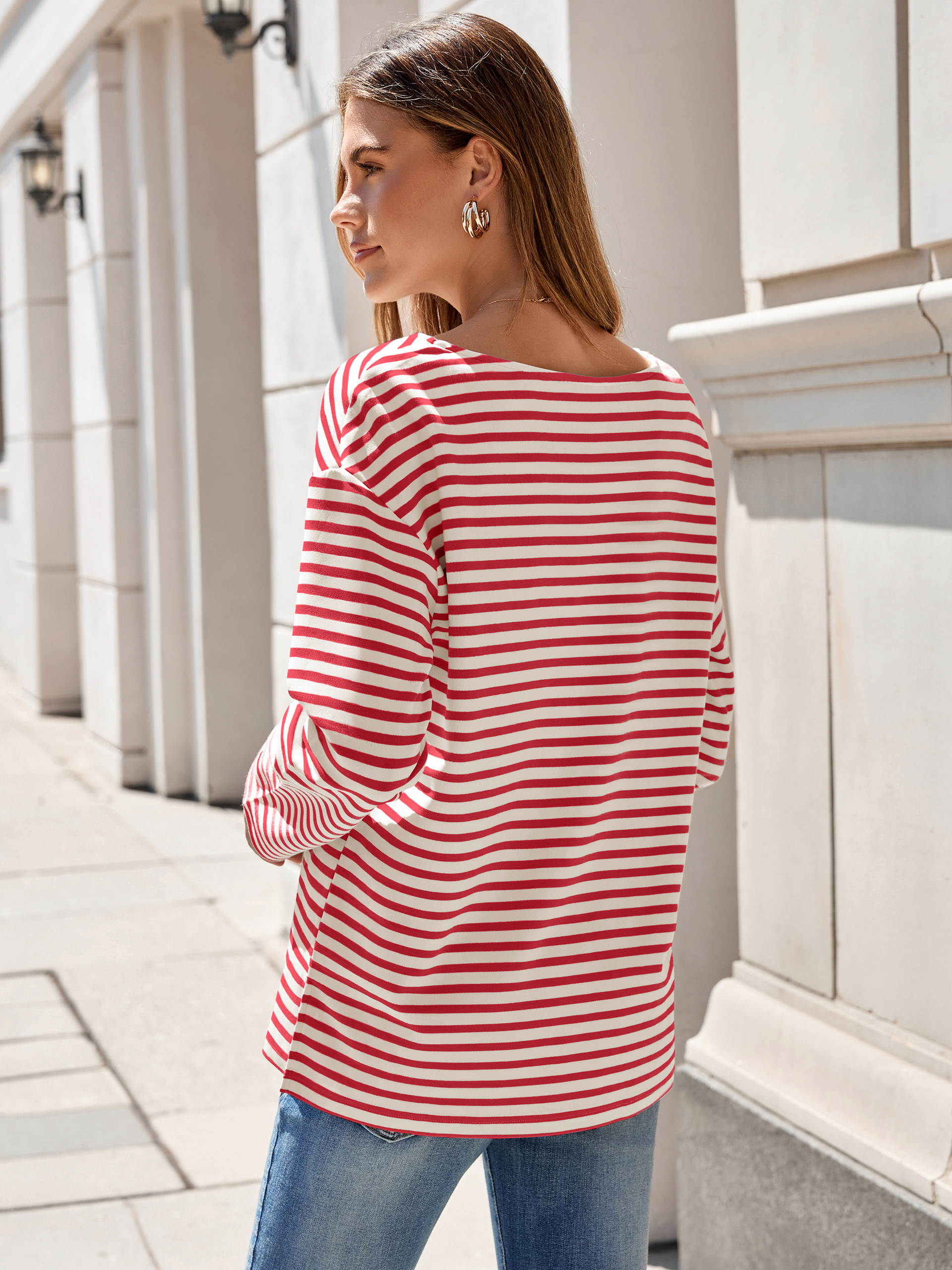 Boat Neck Striped Long Sleeve Tops