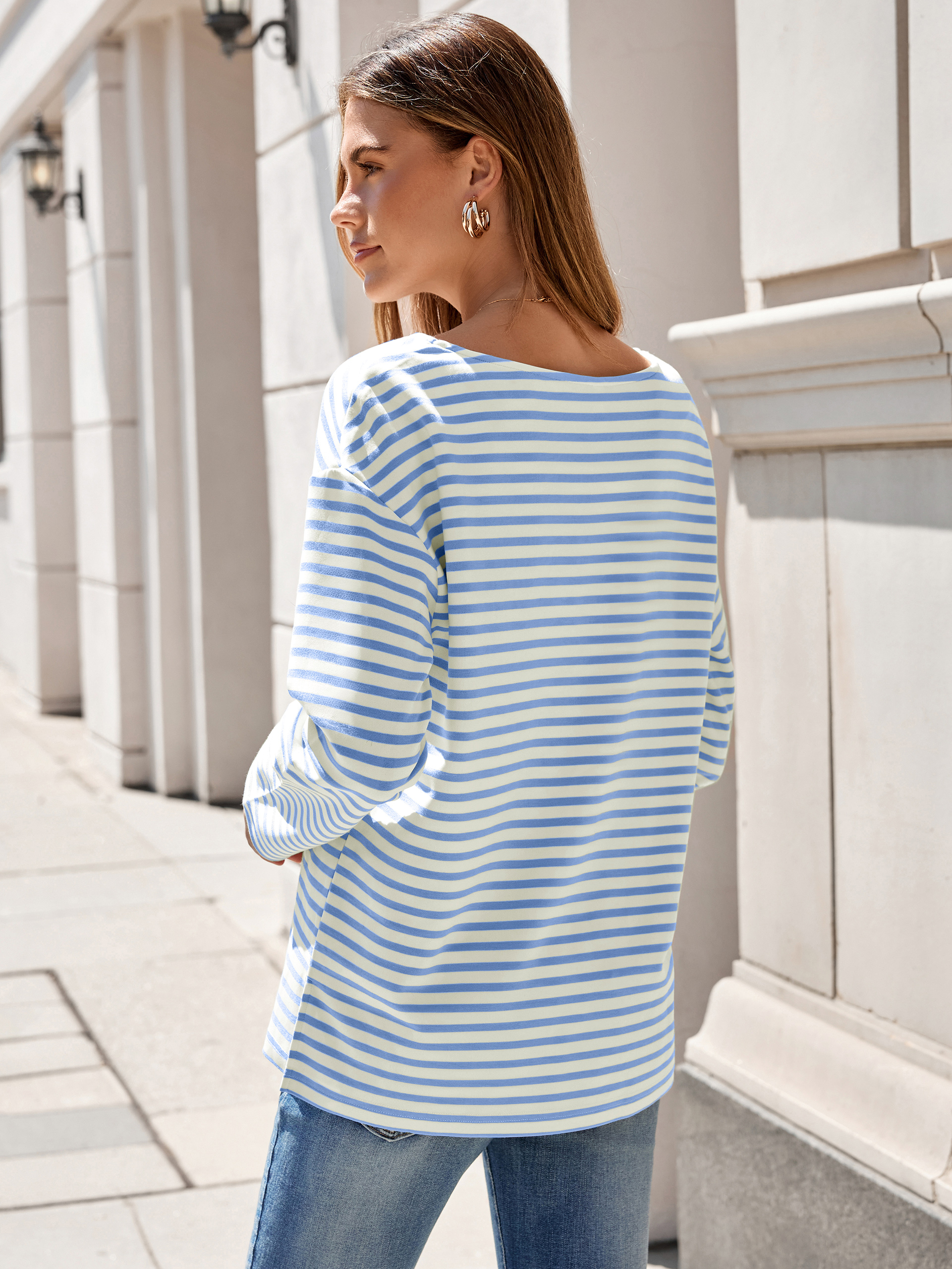 Boat Neck Striped Long Sleeve Tops