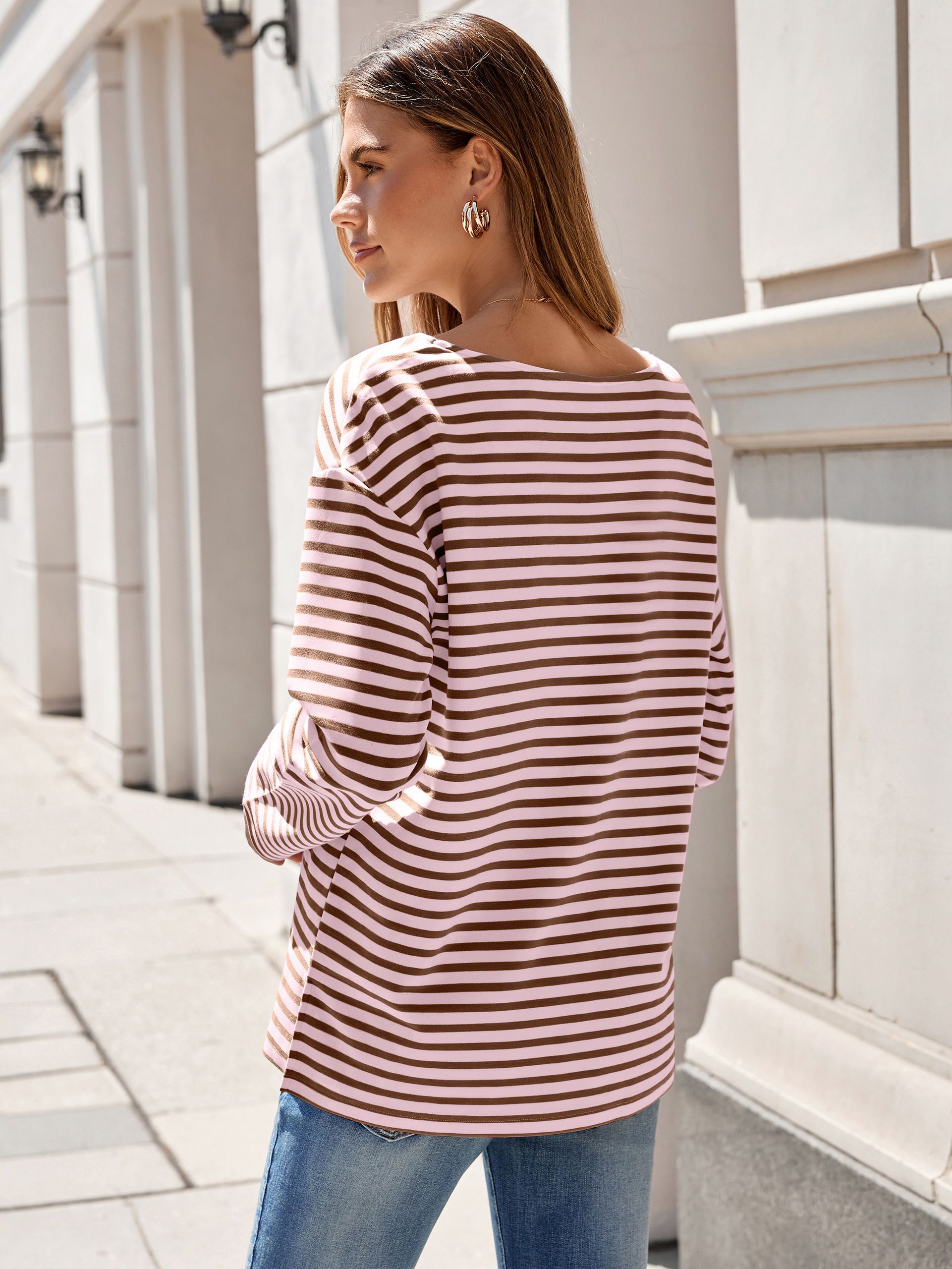 Boat Neck Striped Long Sleeve Tops
