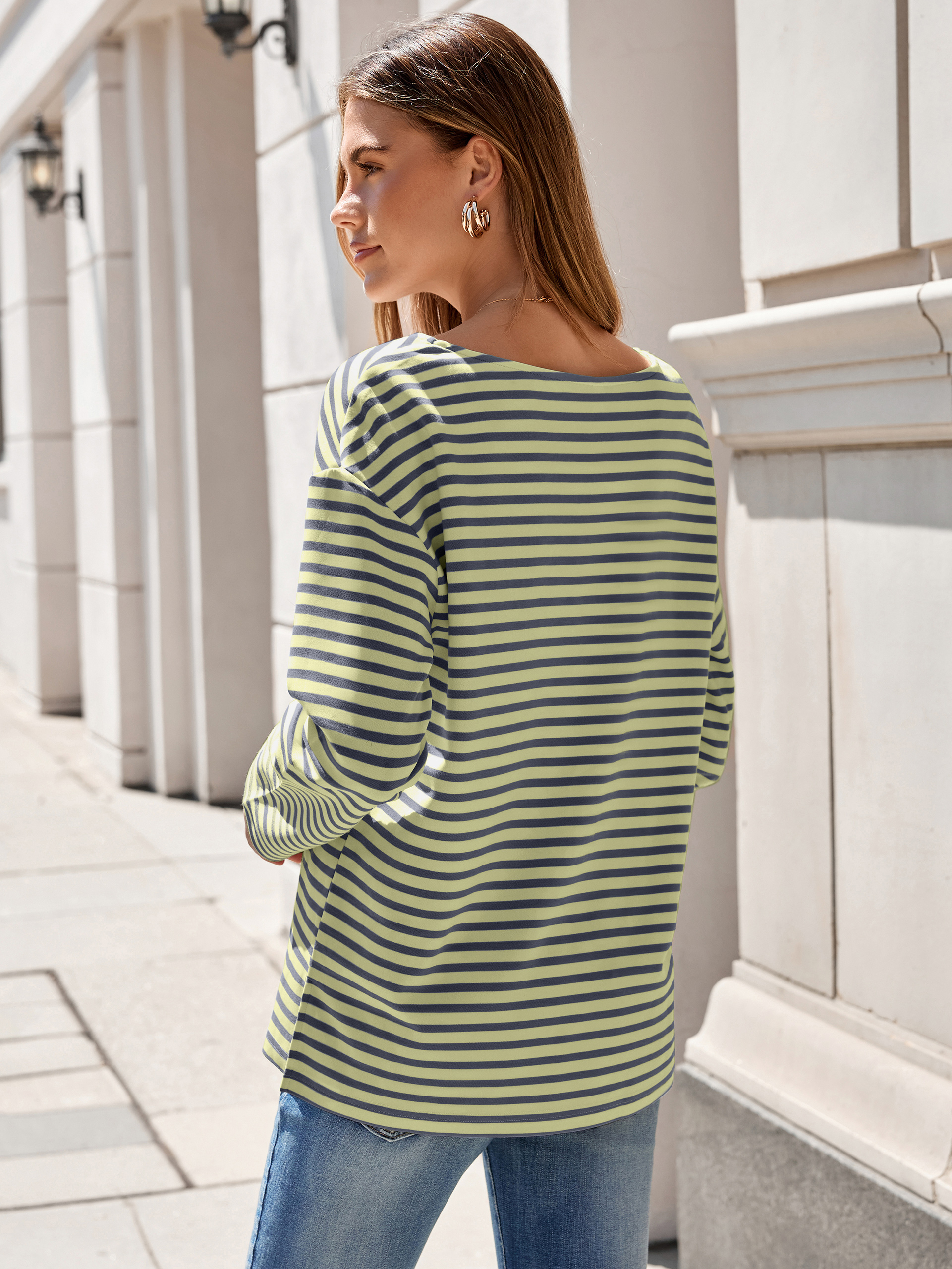 Boat Neck Striped Long Sleeve Tops