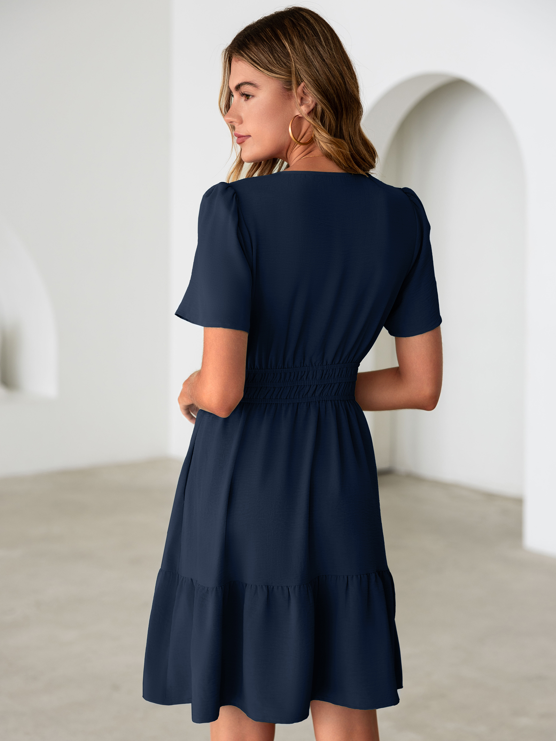 V Neck Smocked Waist Ruffle Hem Mini Dress