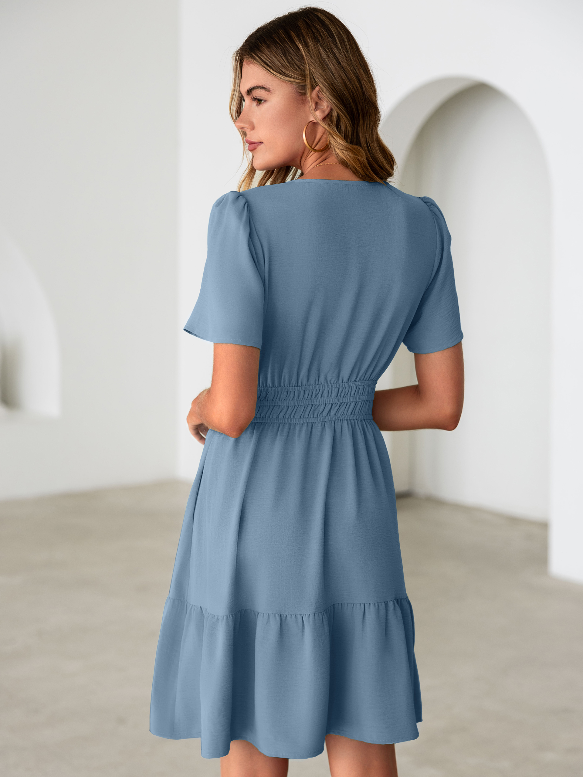 V Neck Smocked Waist Ruffle Hem Mini Dress