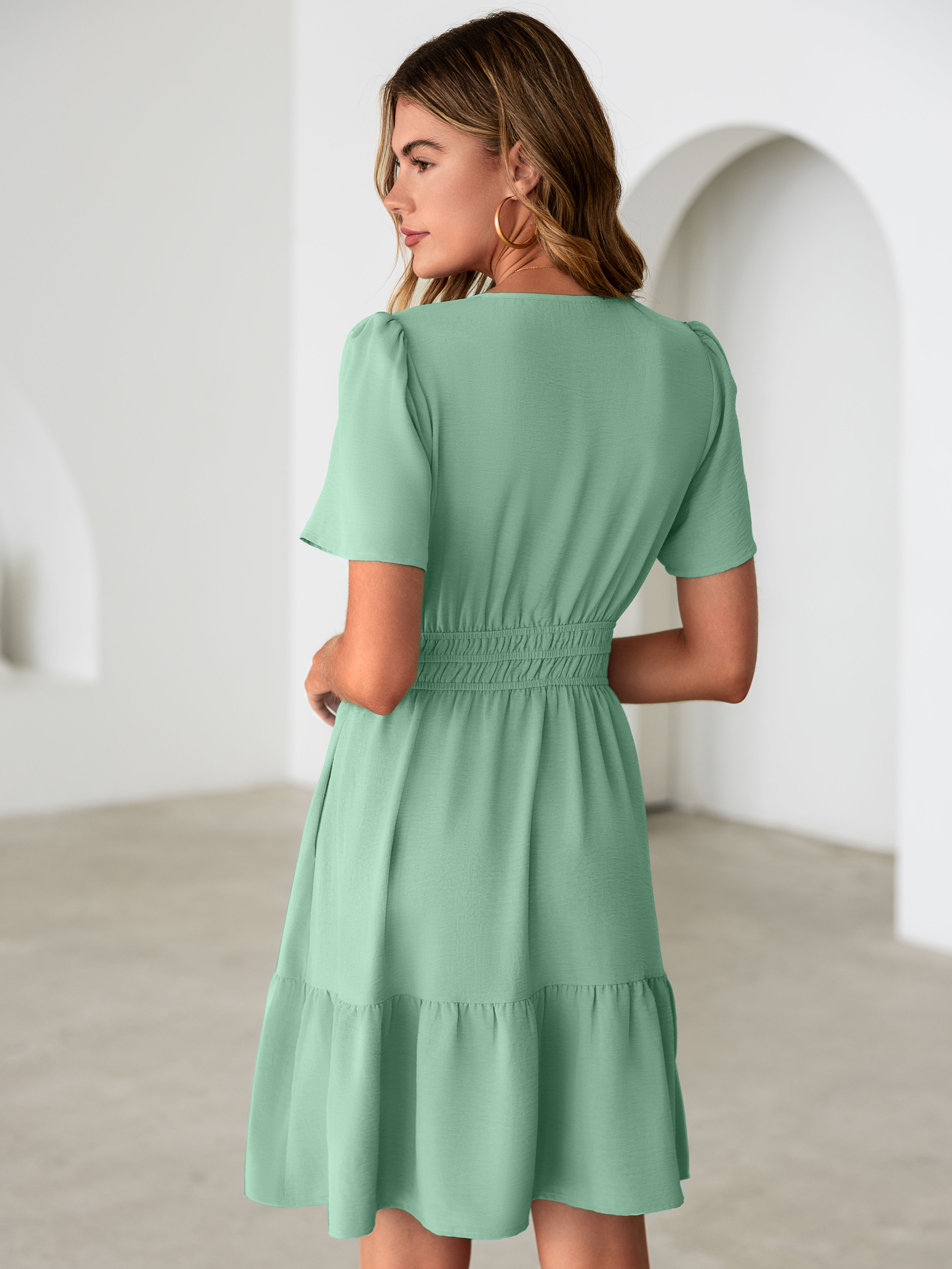 V Neck Smocked Waist Ruffle Hem Mini Dress