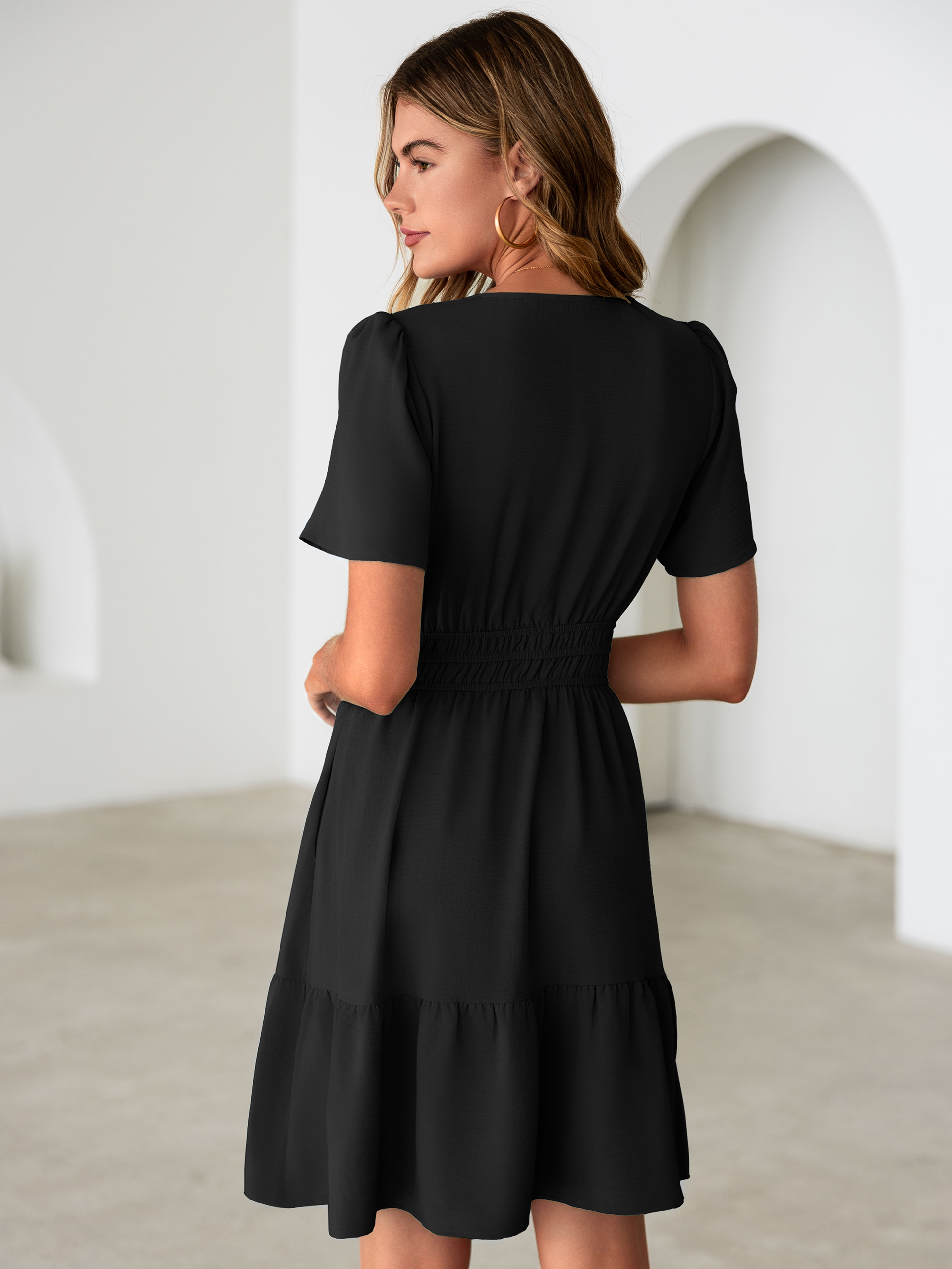 V Neck Smocked Waist Ruffle Hem Mini Dress