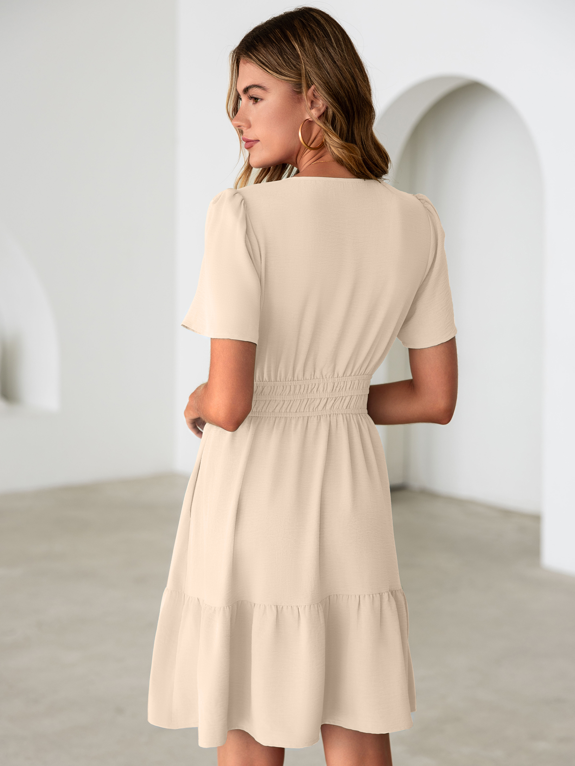 V Neck Smocked Waist Ruffle Hem Mini Dress