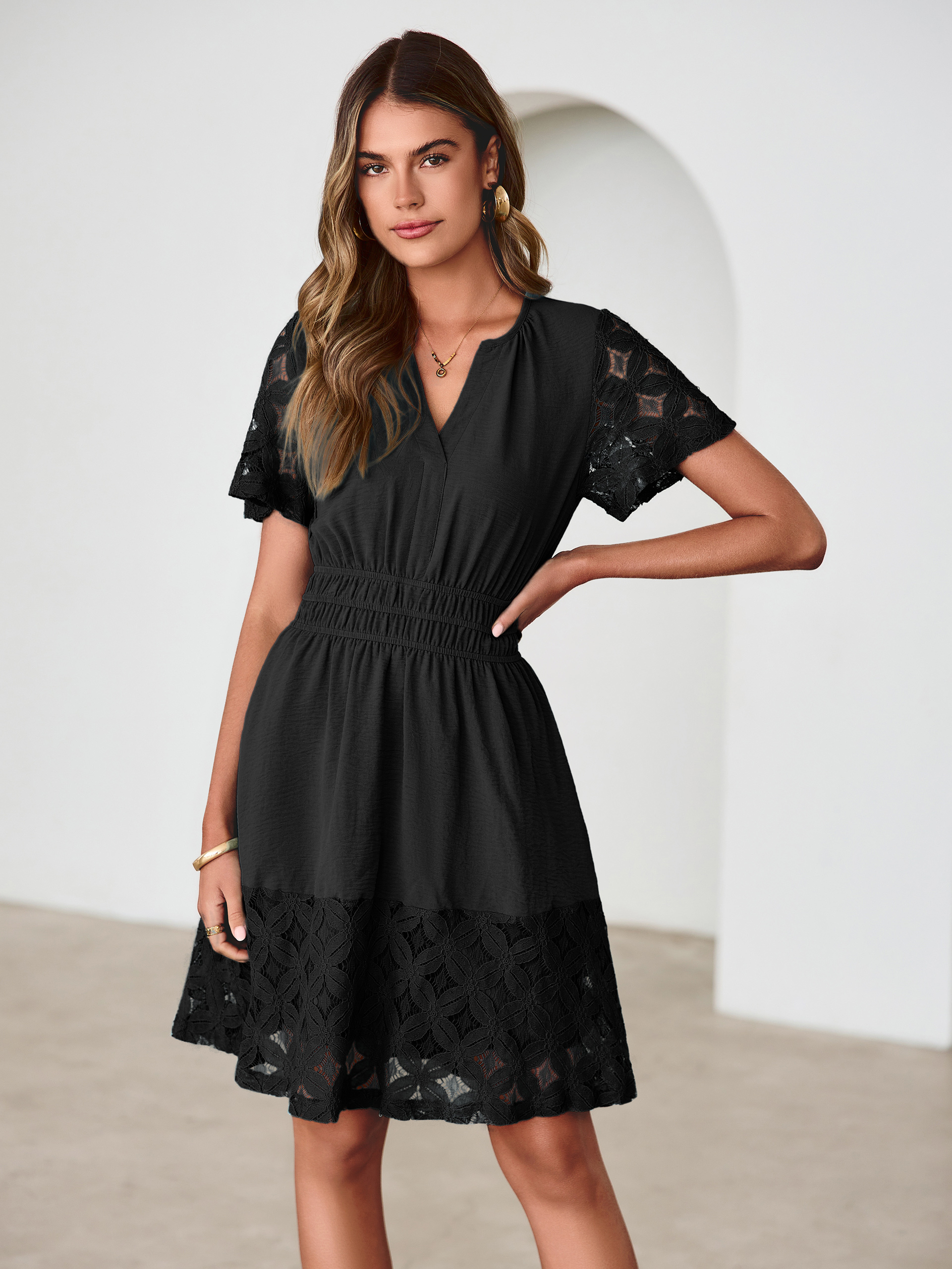 V Neck Crochet Lace Smocked Waist Mini Dress - Black