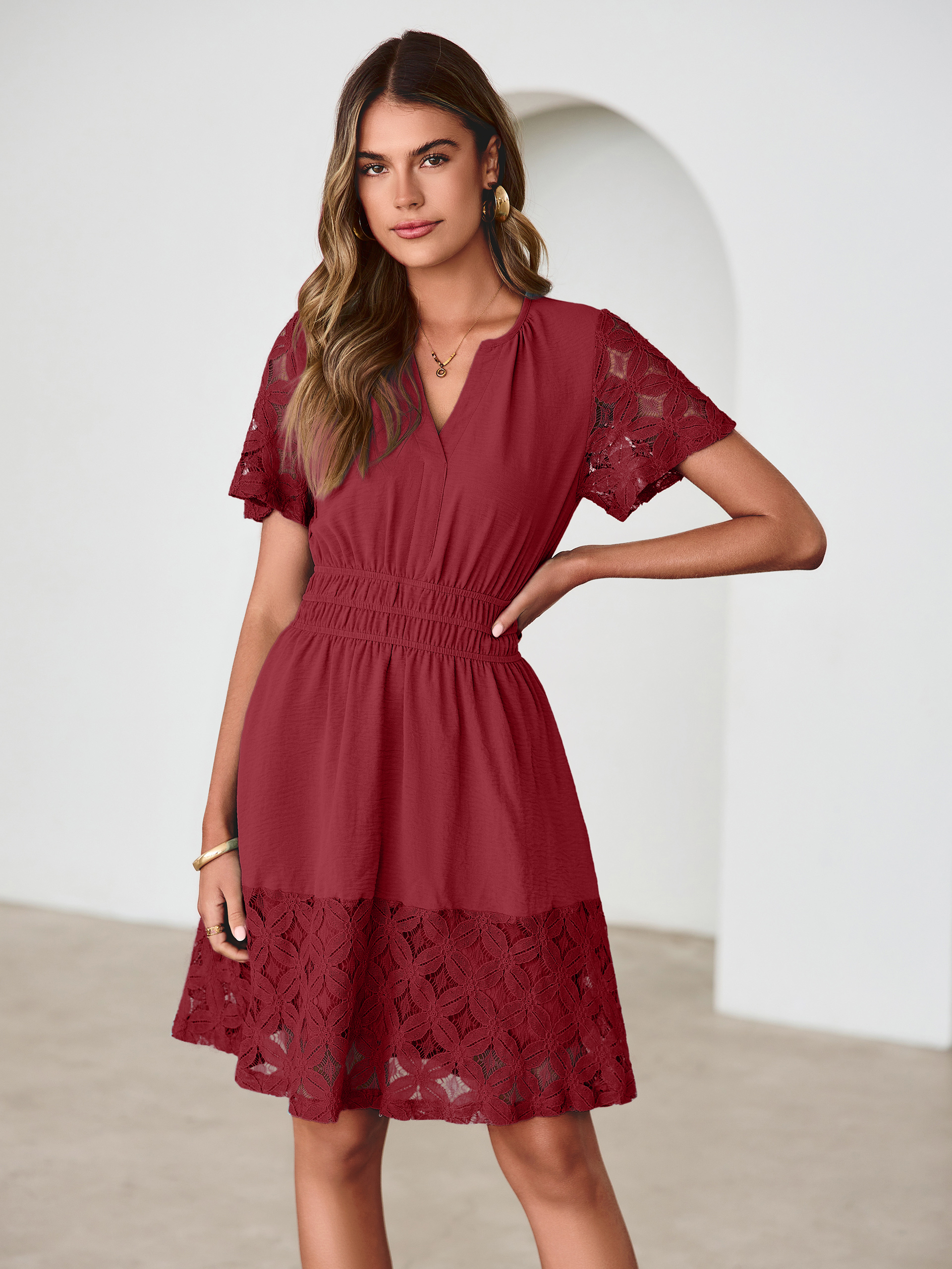 V Neck Crochet Lace Smocked Waist Mini Dress - Wine Red