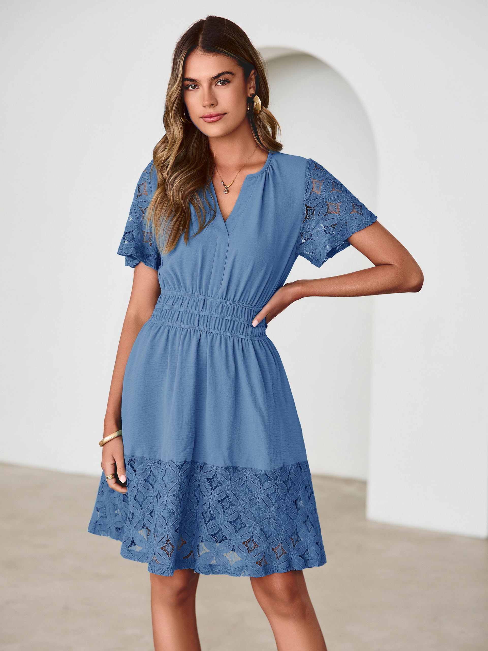 V Neck Crochet Lace Smocked Waist Mini Dress - Blue