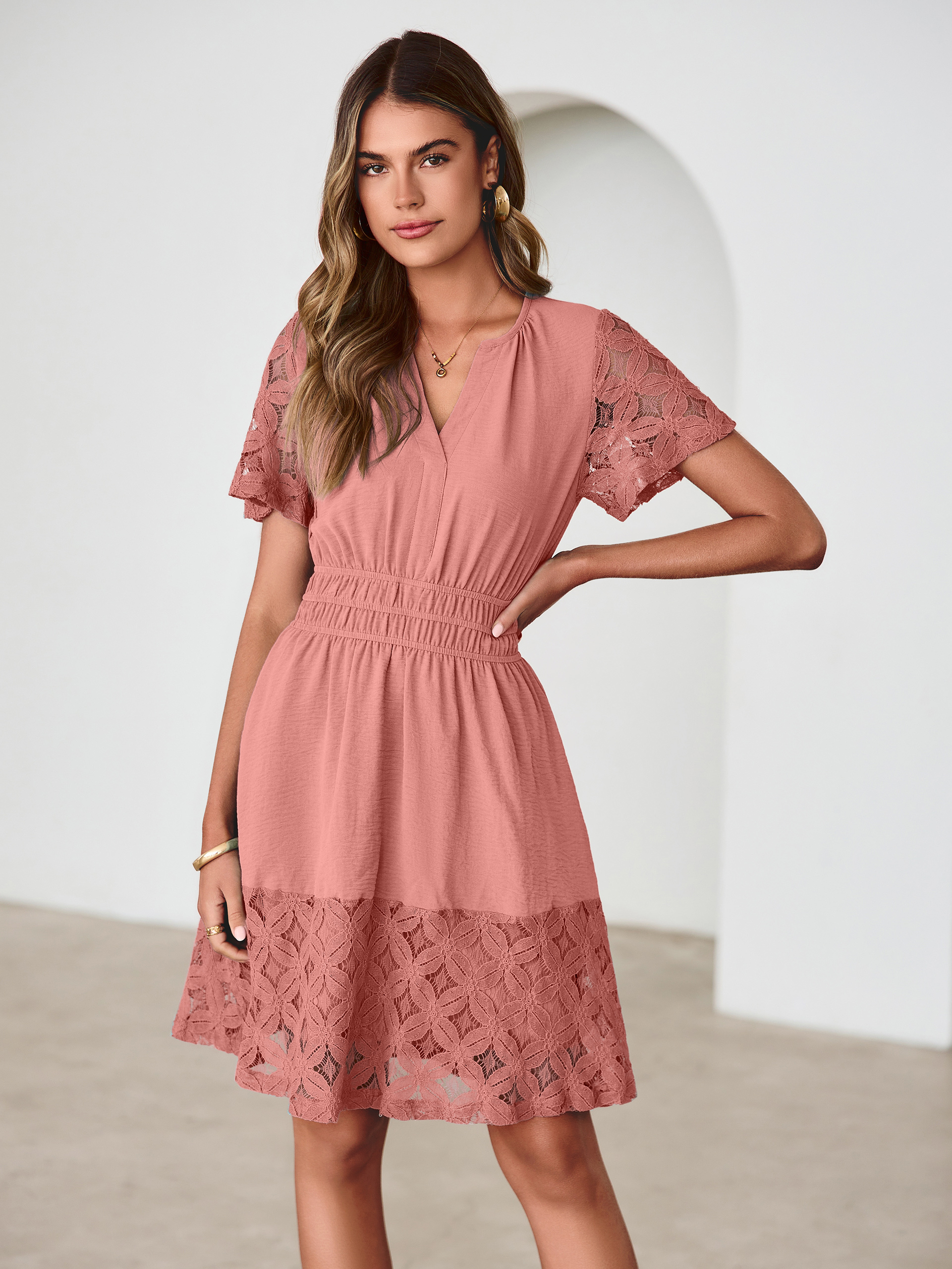 V Neck Crochet Lace Smocked Waist Mini Dress - Rust Pink