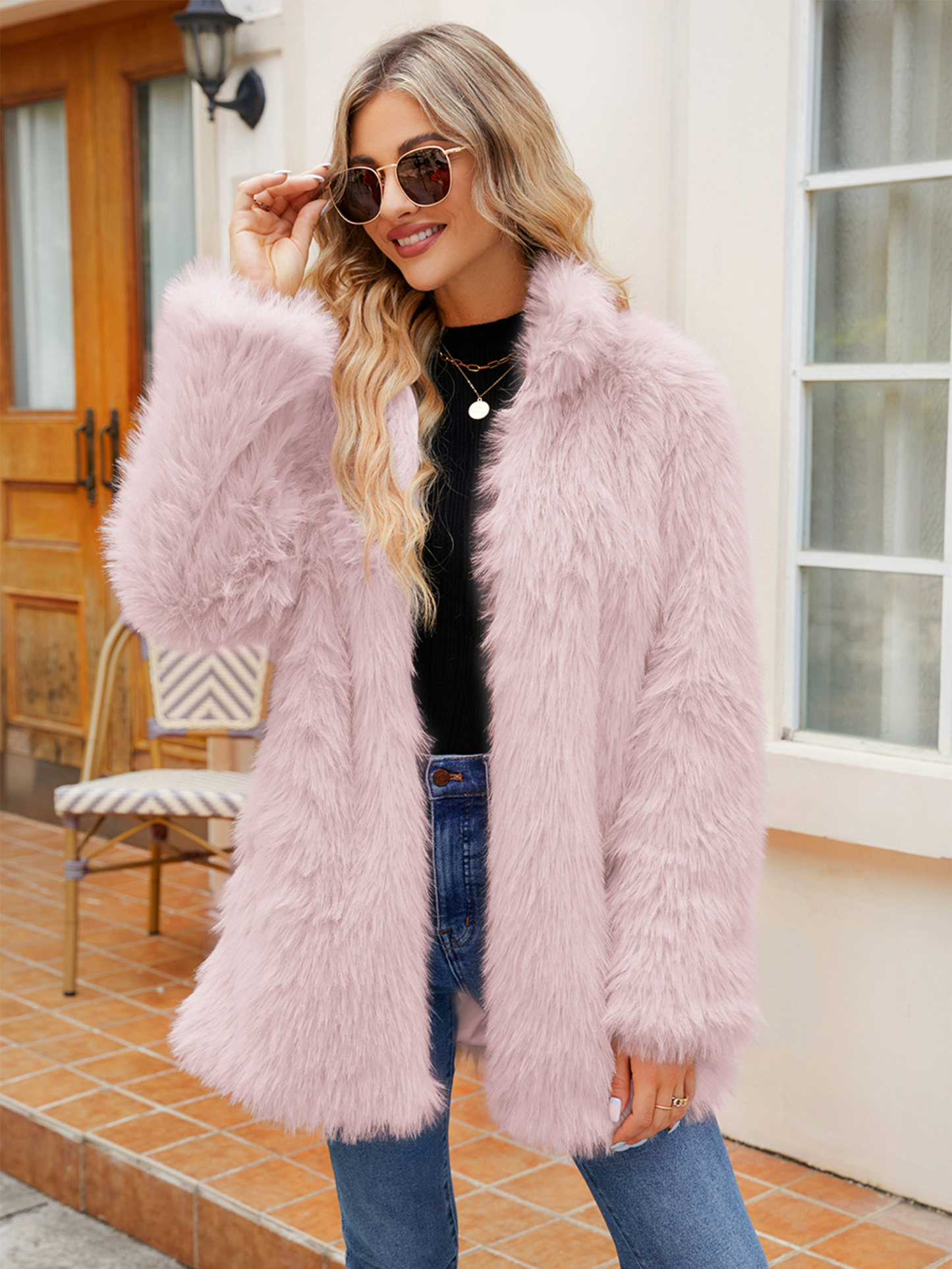 Shaggy Faux Fur Jacket with Hidden Closure - Pink