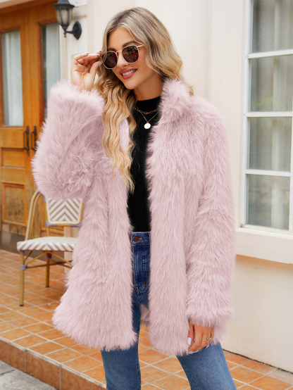 Shaggy Faux Fur Jacket with Hidden Closure - Pink